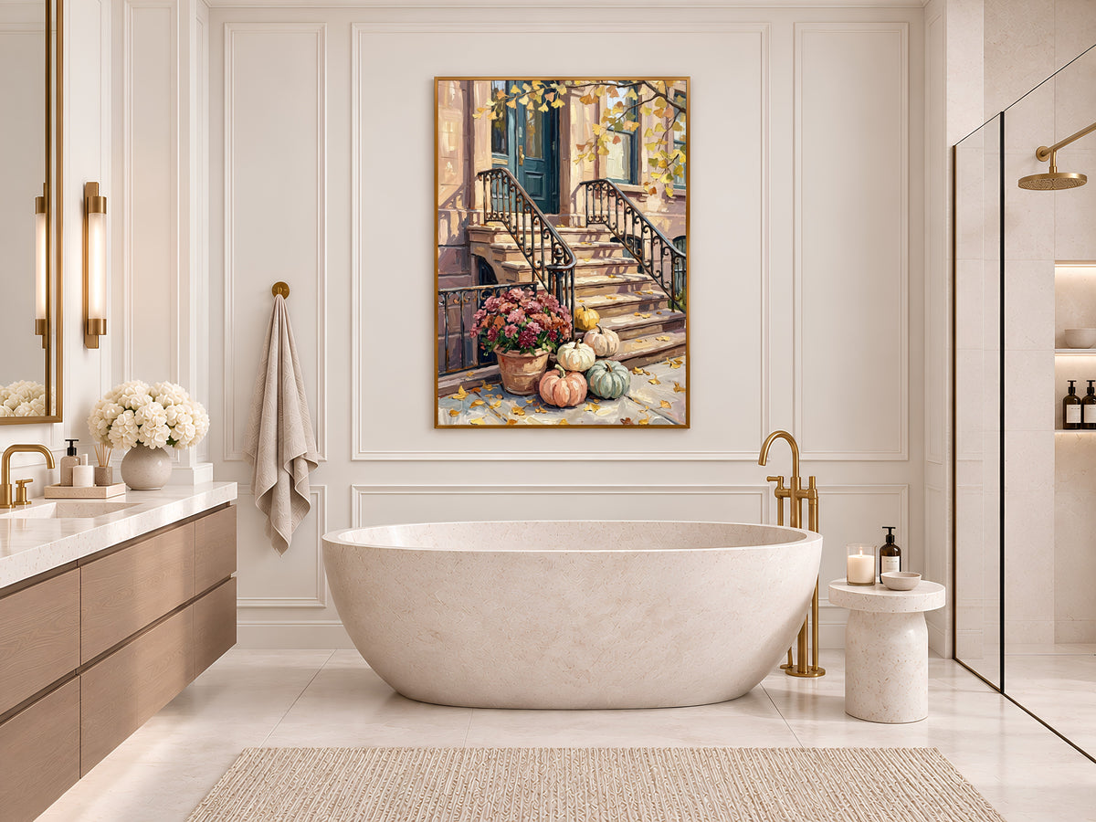 Fall Brownstone Stoop Painting Print, Autumn Pumpkins City Art, Pastel Fall Wall Decor, Printable Digital Download