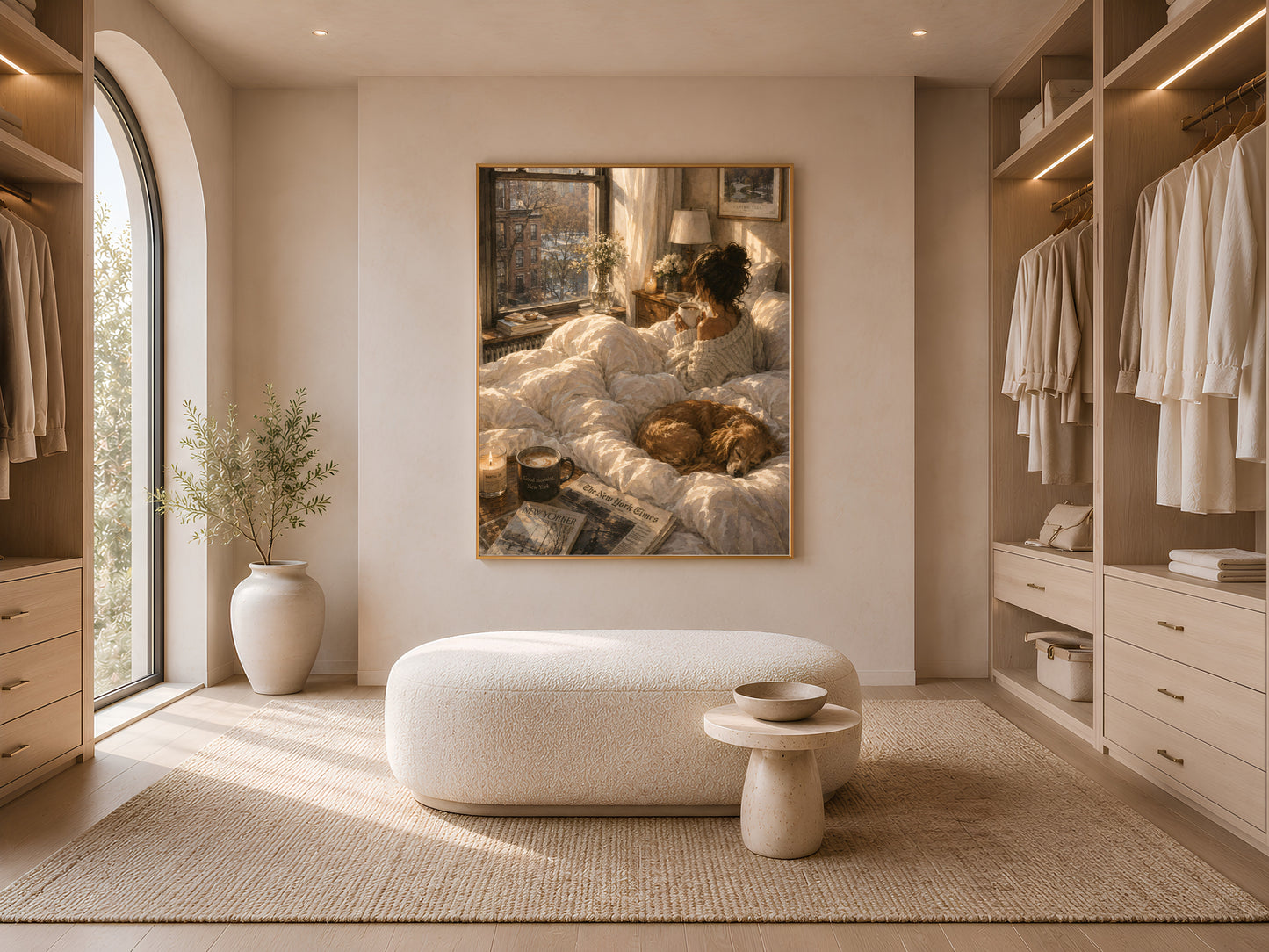Framed cozy New York bedroom print displayed in a walk-in closet with open shelving