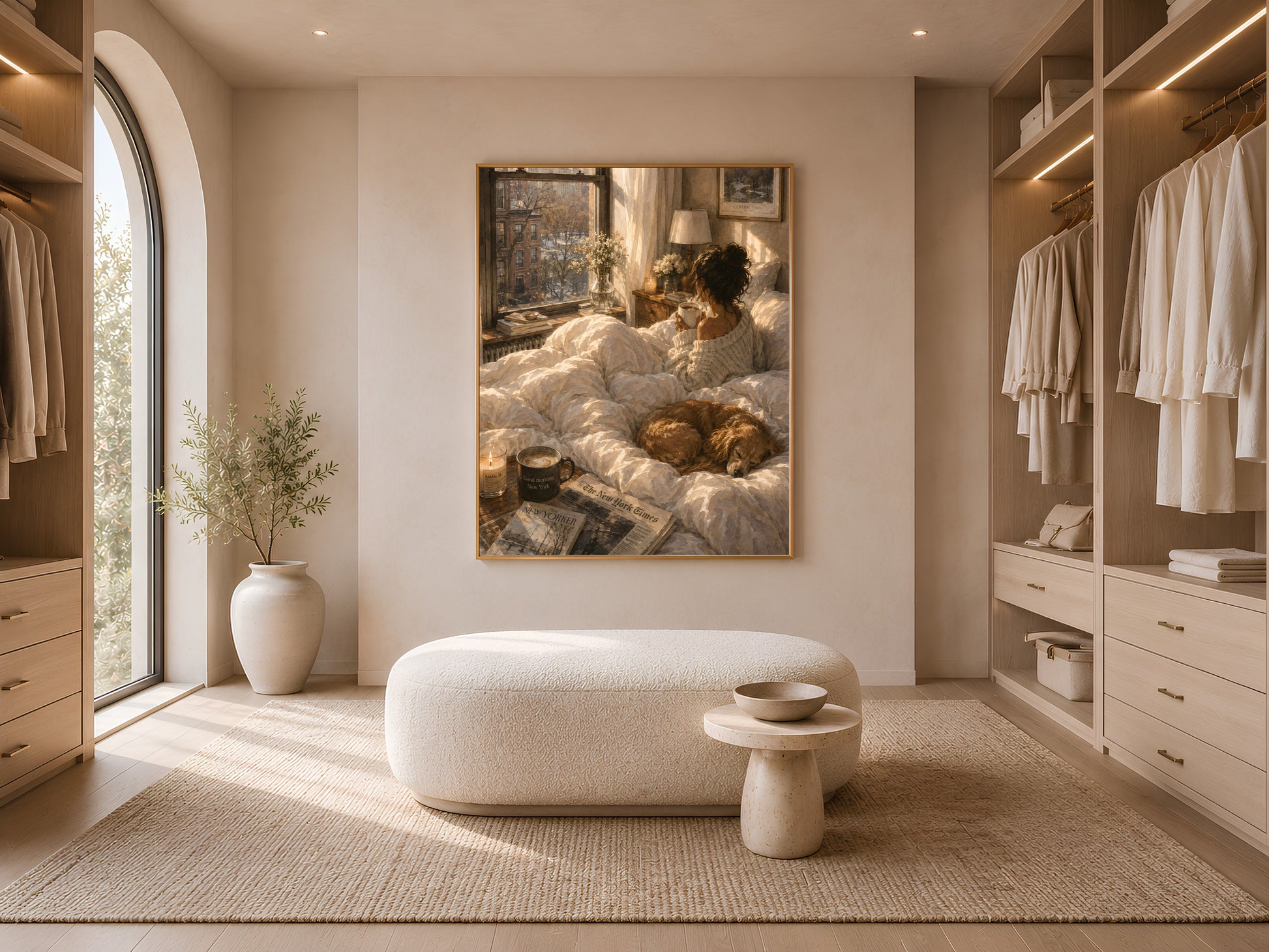 Framed cozy New York bedroom print displayed in a walk-in closet with open shelving