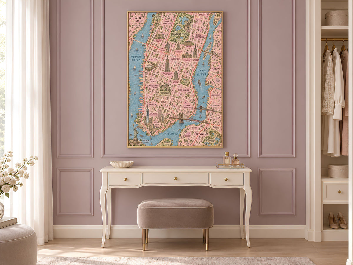 New York City Map Wall Art, Illustrated Manhattan Map Print - Digital Download