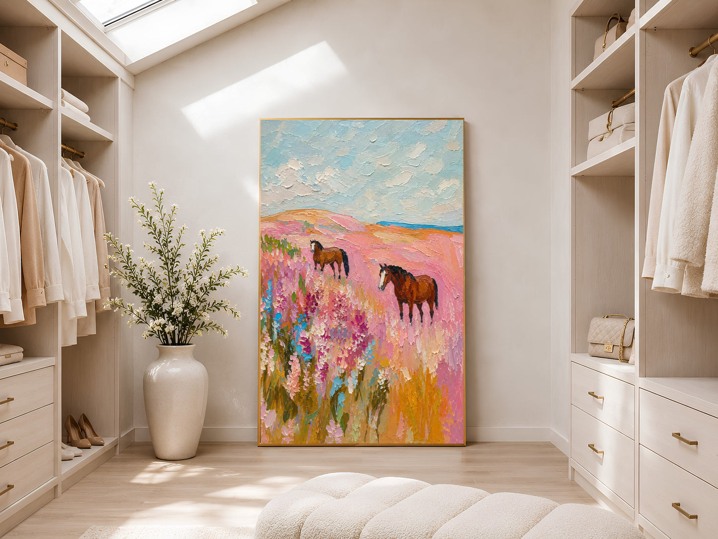 Horse in pink floral landscape impasto wall art in a gold frame displayed in a bright walk-in wardrobe with neutral shelving and recessed lighting
