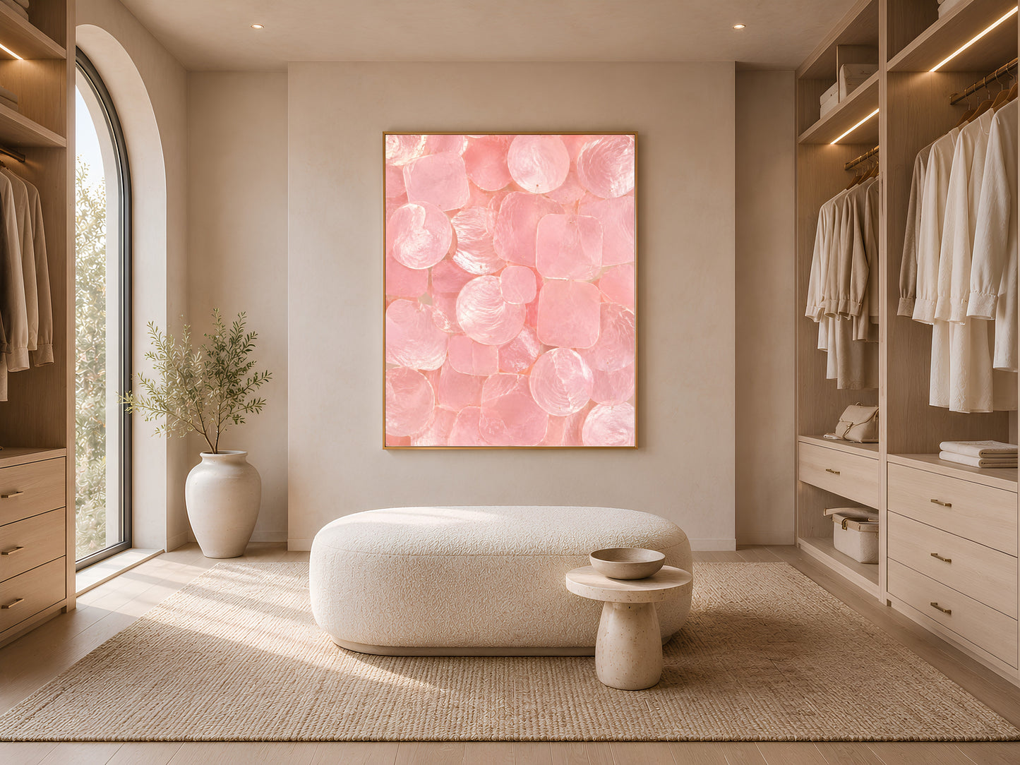 Pink capiz shell print in a gold frame displayed in a closet or dressing room with a bench and hanging clothes.