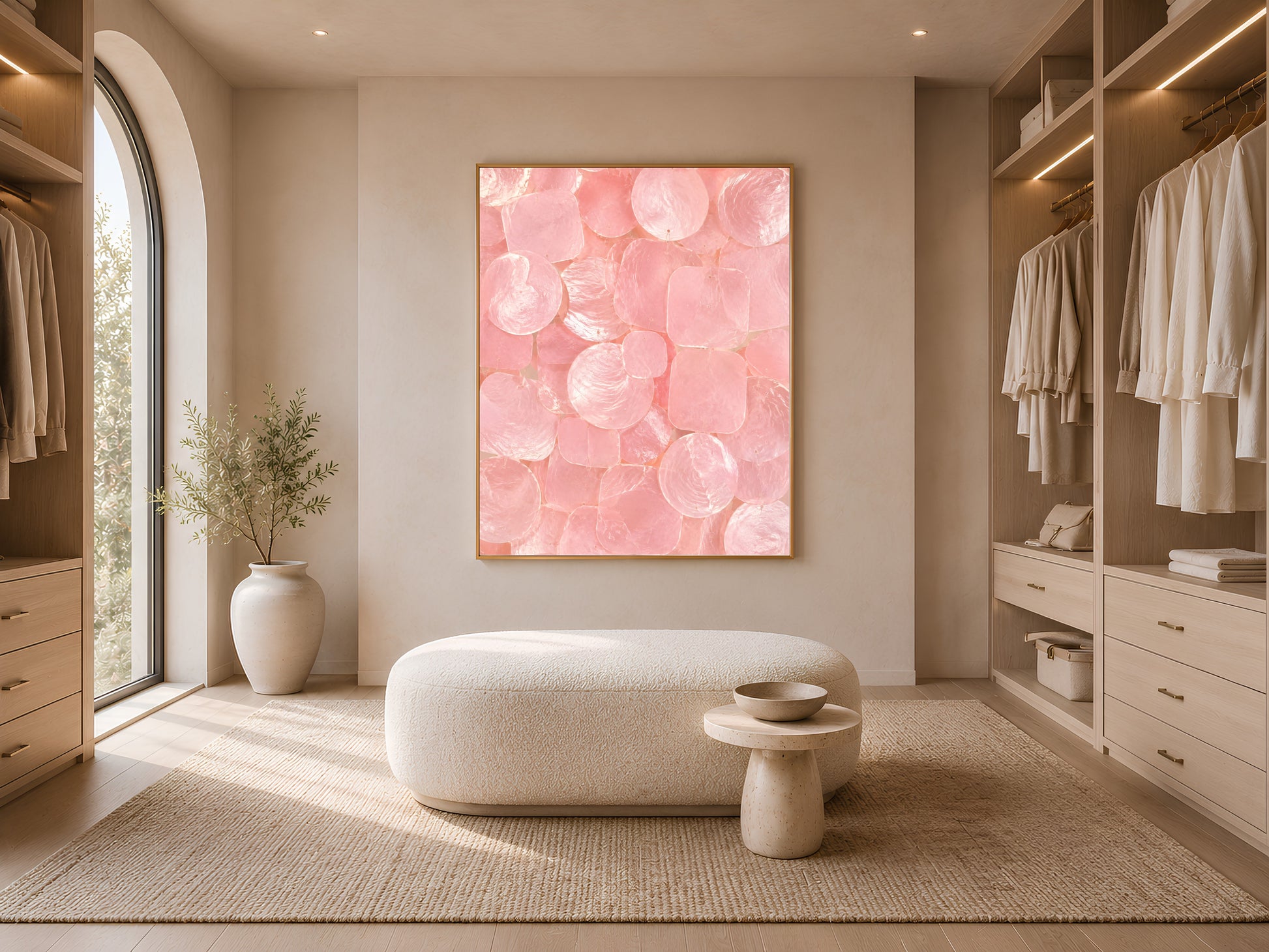 Pink capiz shell print in a gold frame displayed in a closet or dressing room with a bench and hanging clothes.
