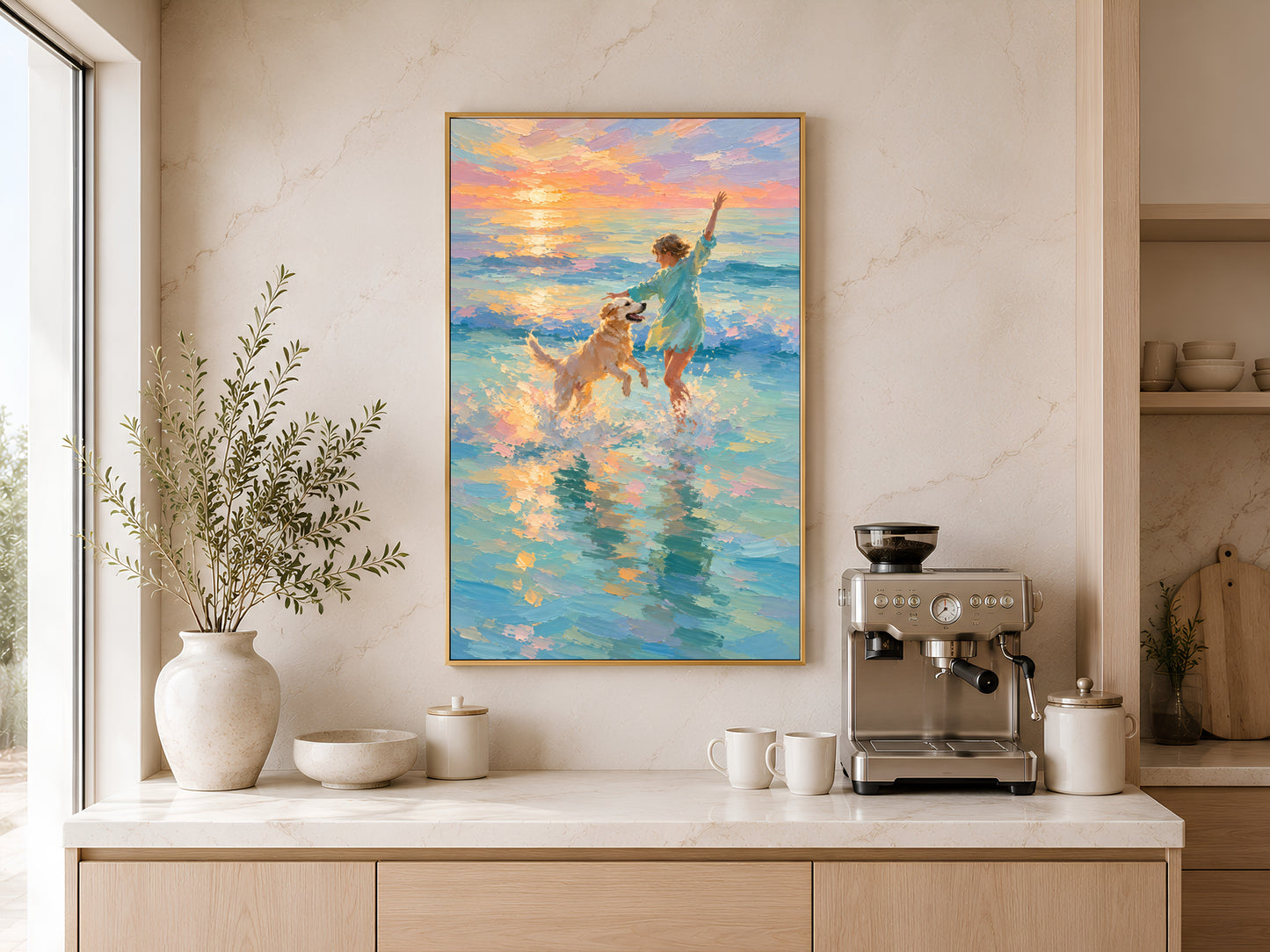 Girl and golden retriever beach sunset impasto painting in a gold frame displayed above a light wood sideboard in a modern kitchen with neutral tones, pendant light, neutral vases, and warm natural light

