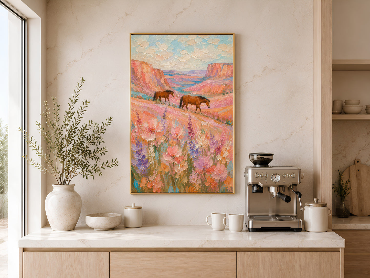 Two chestnut horses walking through a wildflower canyon impasto painting in a gold frame displayed above a kitchen counter with light wood cabinetry, pendant light, and warm neutral tones

