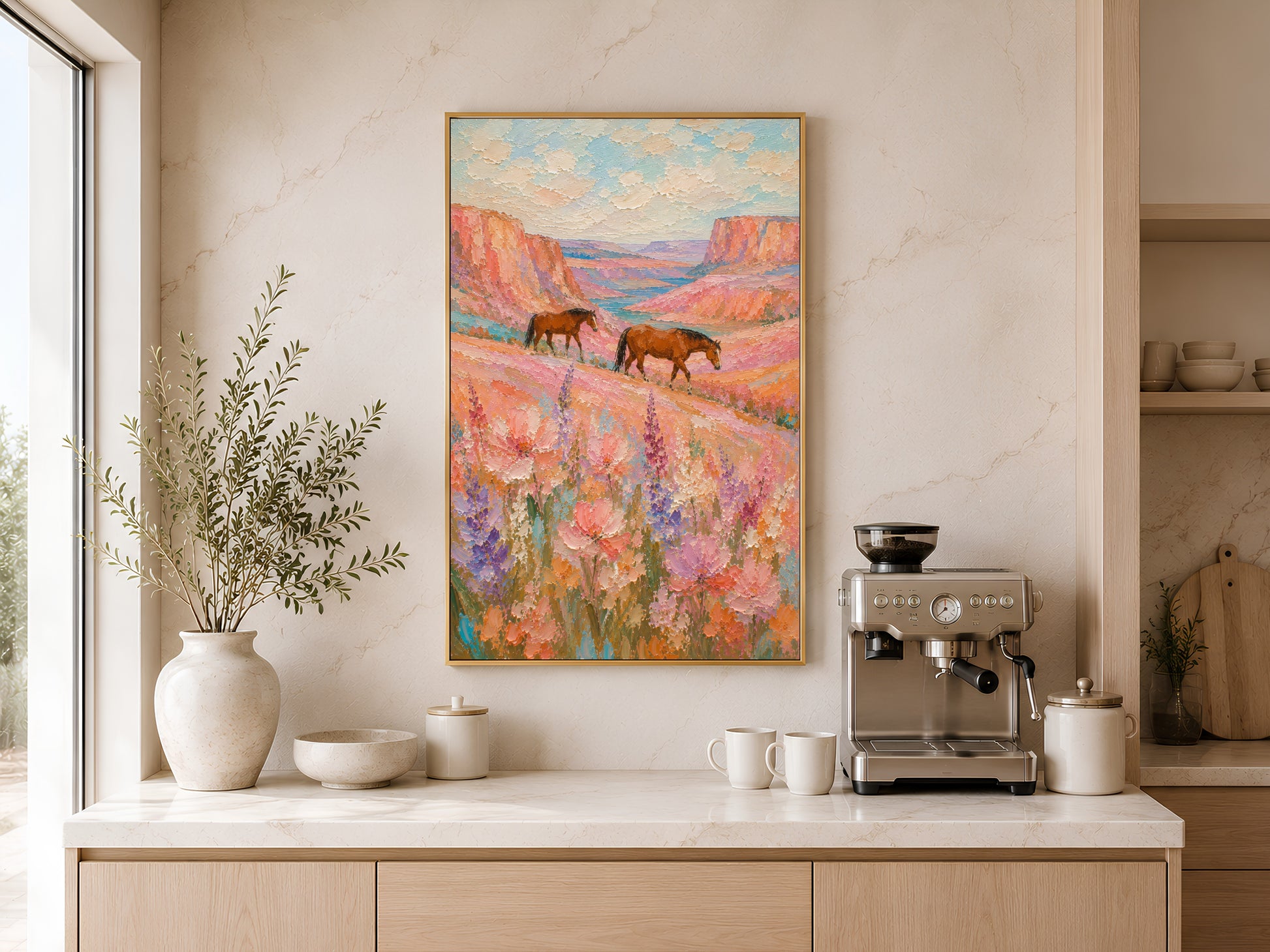 Two chestnut horses walking through a wildflower canyon impasto painting in a gold frame displayed above a kitchen counter with light wood cabinetry, pendant light, and warm neutral tones
