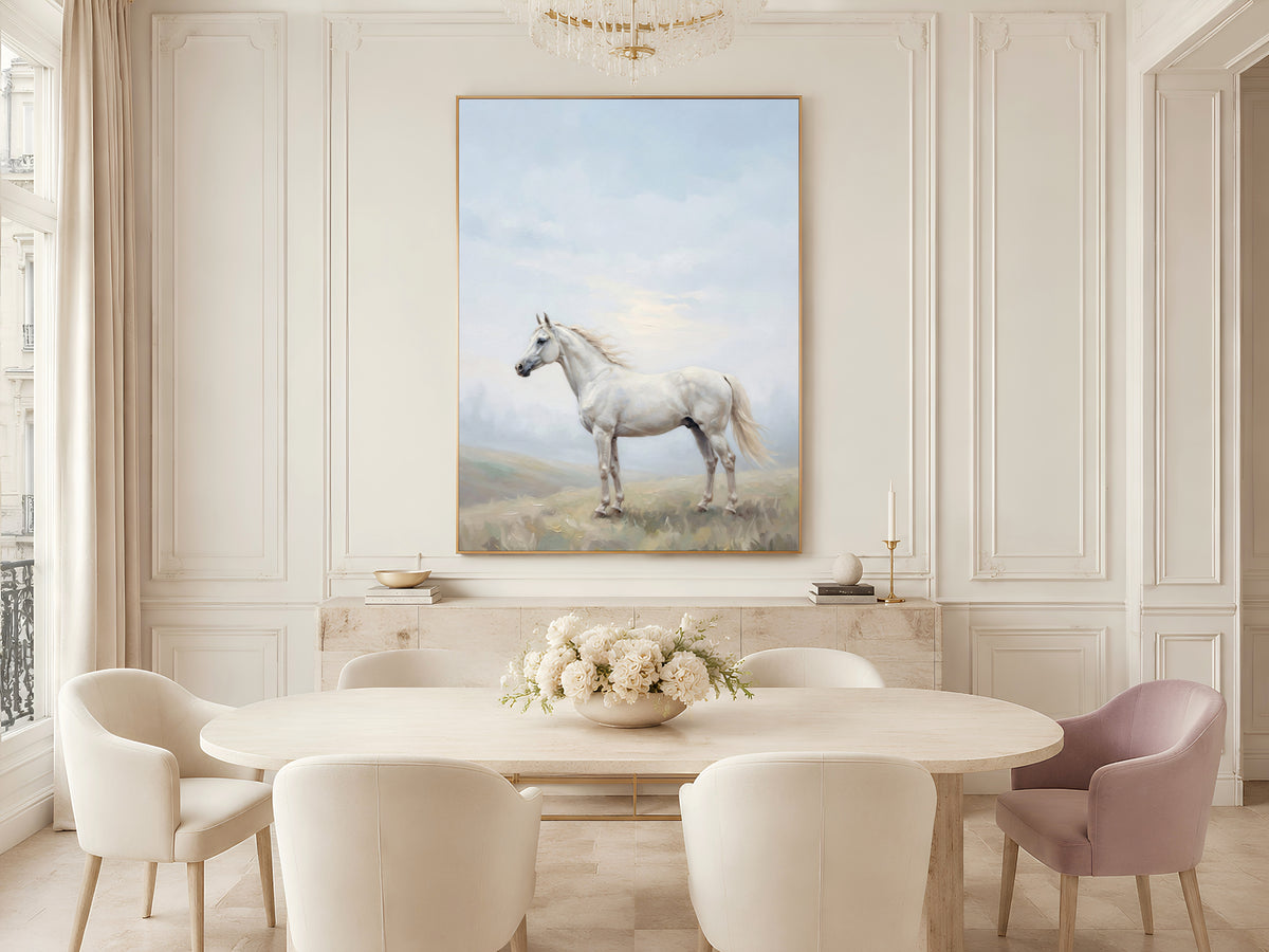 White Horse Wall Art, Misty Hills Oil Painting Print - Digital Download