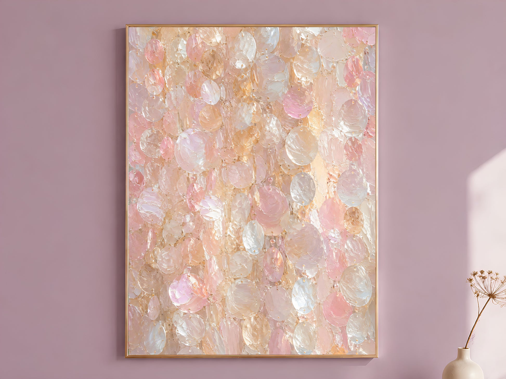 Capiz shell wall art print in a thin gold frame on a soft mauve wall with a dried flower stem beside it, showing full blush pink and pearl impasto texture

