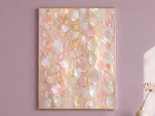 Capiz shell wall art print in a thin gold frame on a soft mauve wall with a dried flower stem beside it, showing full blush pink and pearl impasto texture

