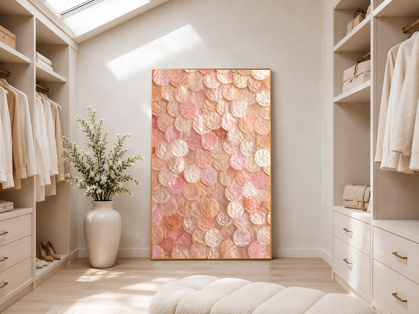 Blush capiz shell wall art printable styled in a luxurious neutral walk-in closet with soft beige interiors and warm natural light.