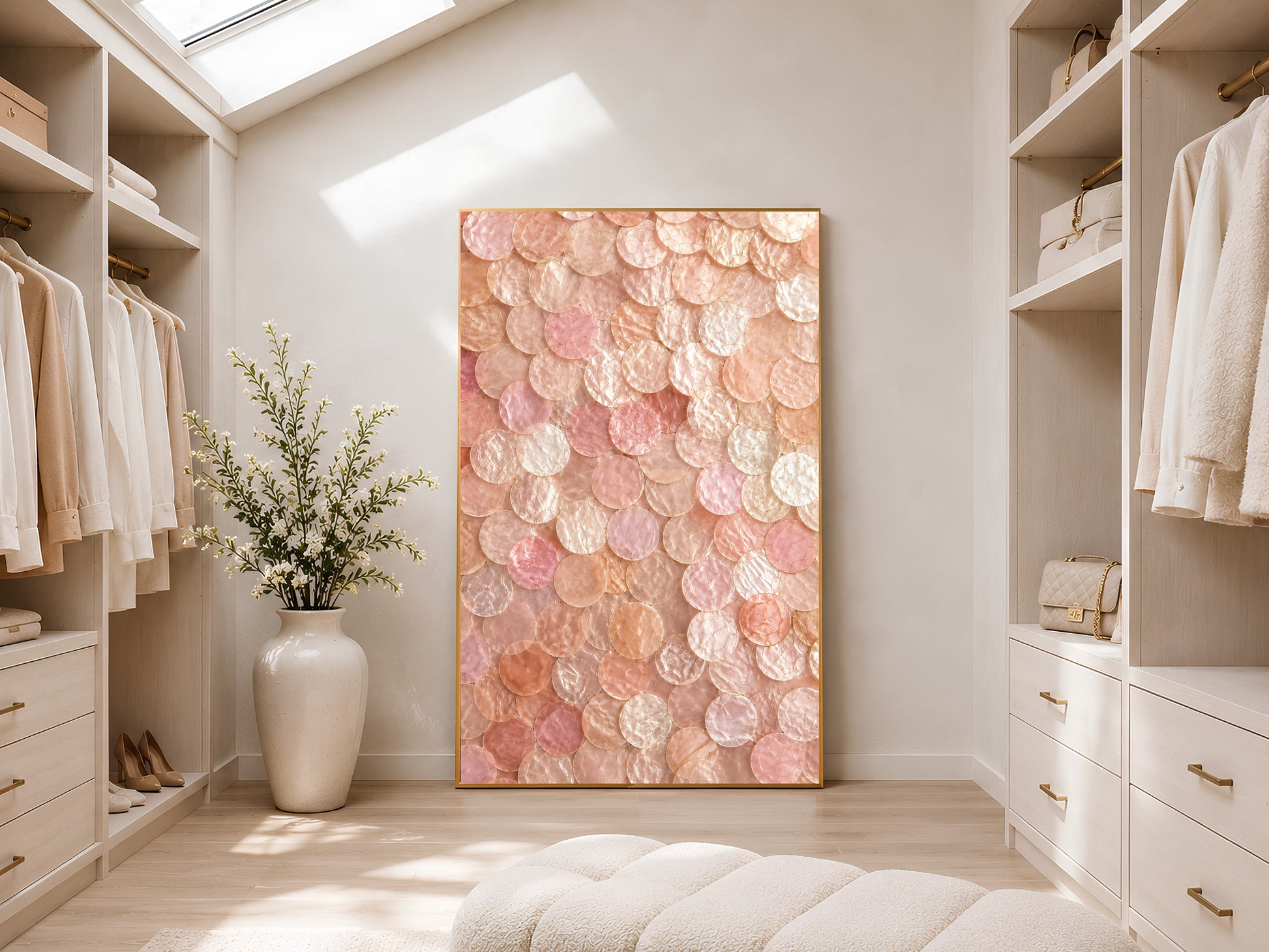 Blush capiz shell wall art printable styled in a luxurious neutral walk-in closet with soft beige interiors and warm natural light.
