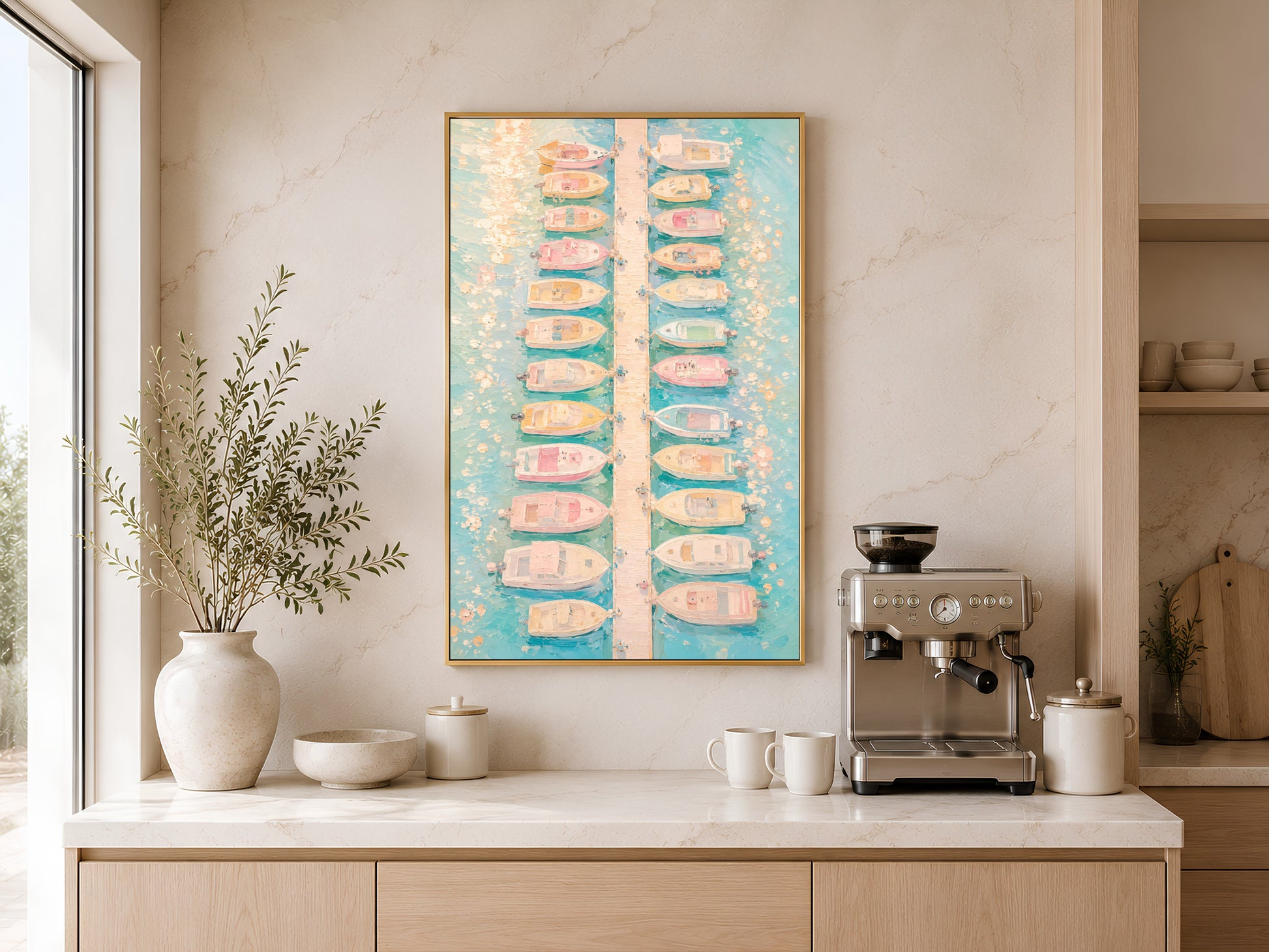 Pastel boat marina print in gold frame above a wooden sideboard with coffee machine in a warm neutral kitchen
