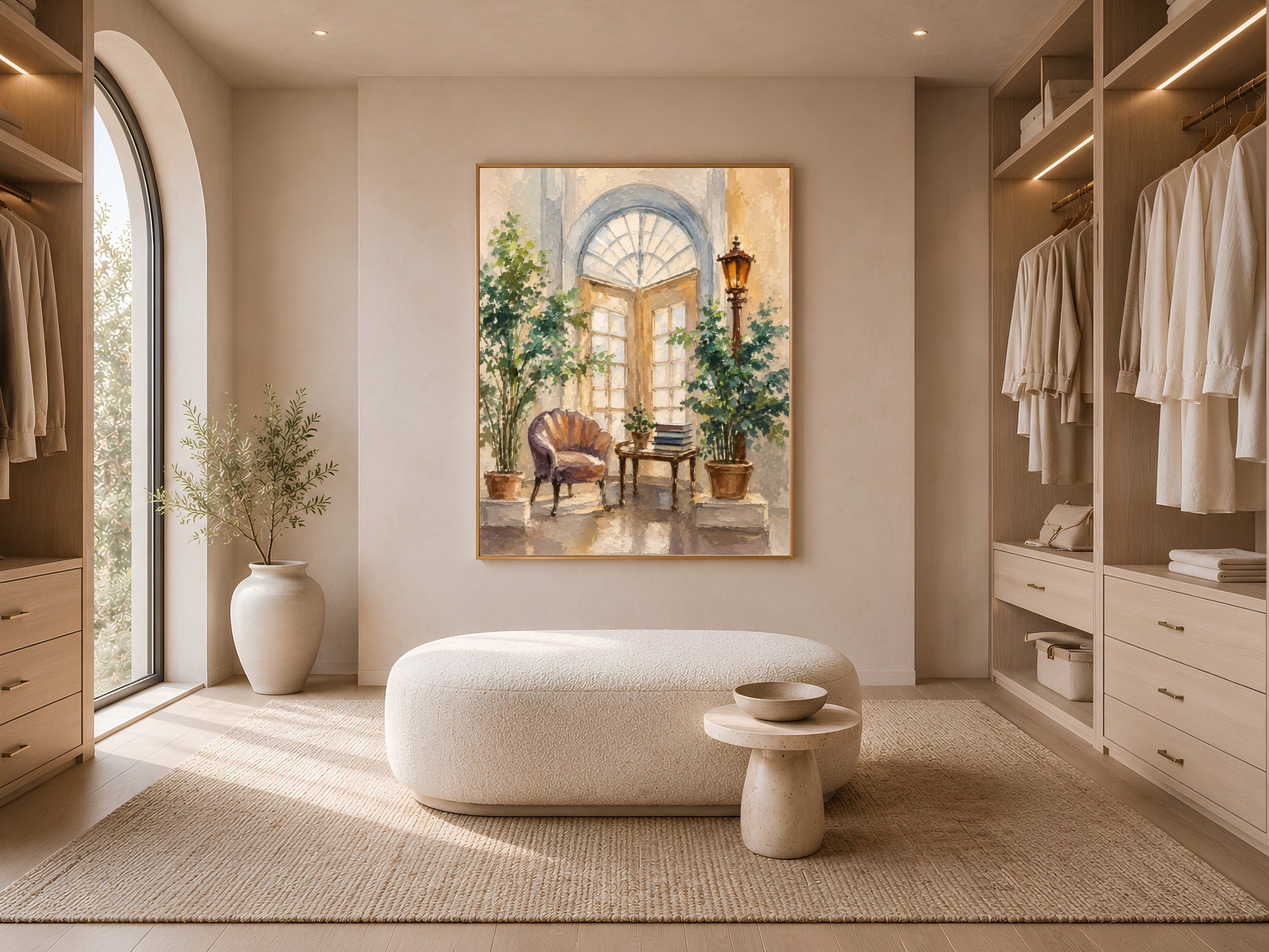 Textured Mediterranean courtyard painting in a gold frame on a closet wall, impasto artwork for a neutral walk-in closet
