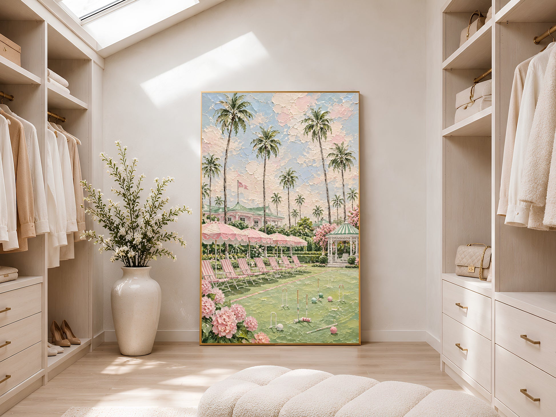 Gold-framed preppy pink country club and palm tree wall art displayed in a bright walk-in wardrobe with neutral shelving, recessed lighting, and a tall round white vase
