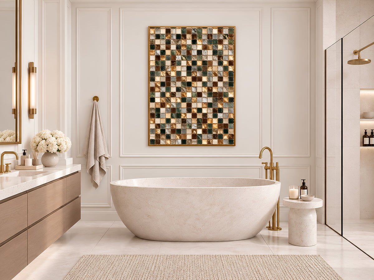 Brown and Green Mosaic Tile Wall Art Print, Earth Tone Tile Grid Painting with Gold Lines, Printable Warm Neutral Decor, Digital Download