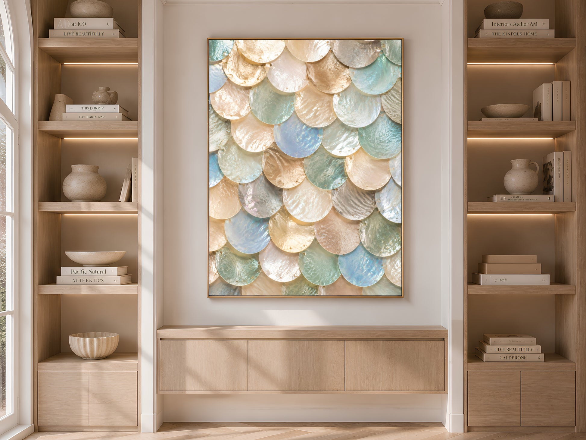 Iridescent mermaid scale wall art framed above a console table between built-in bookshelves