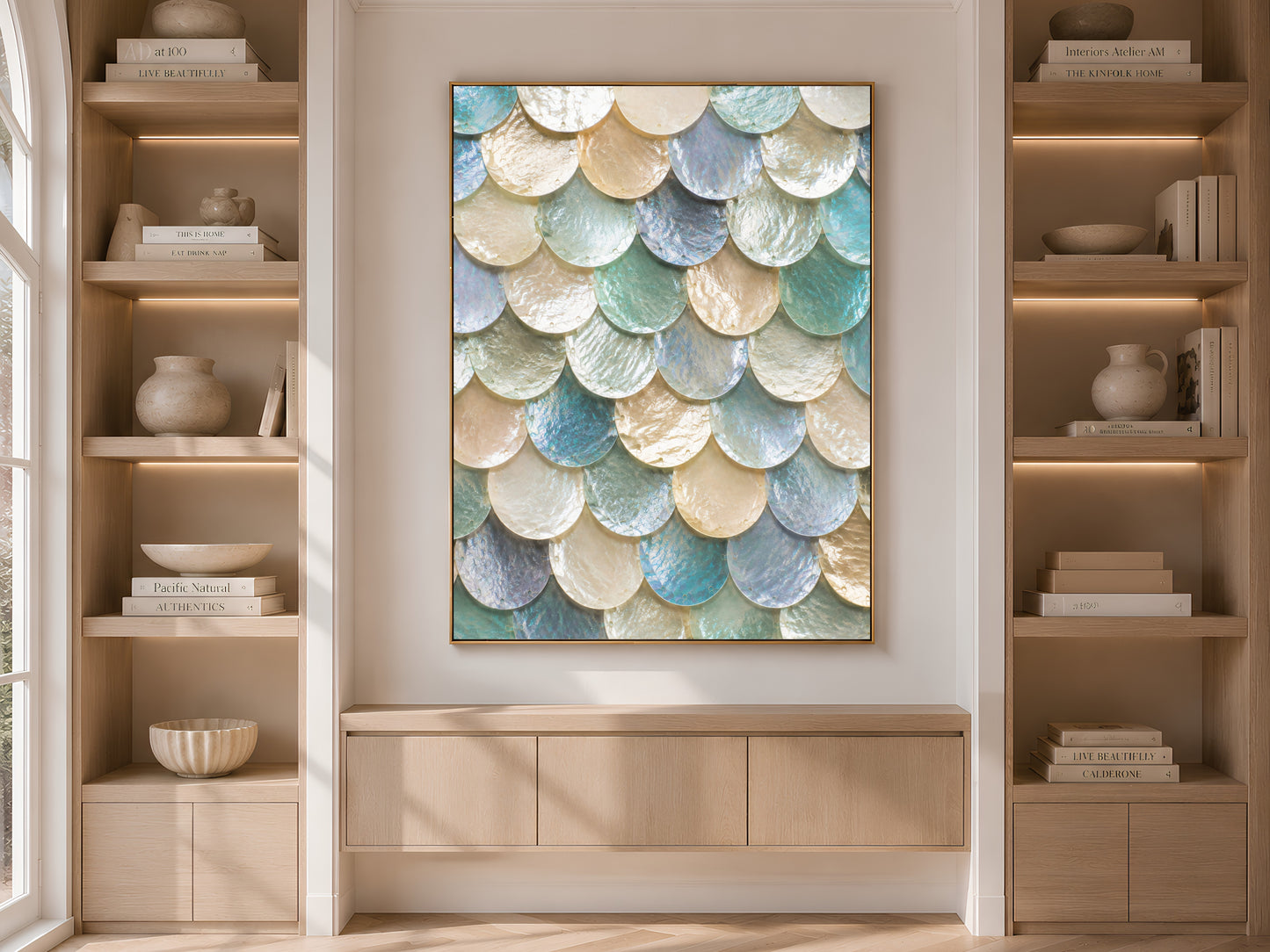Moonstone mermaid scale wall art framed above a console table between built-in bookshelves