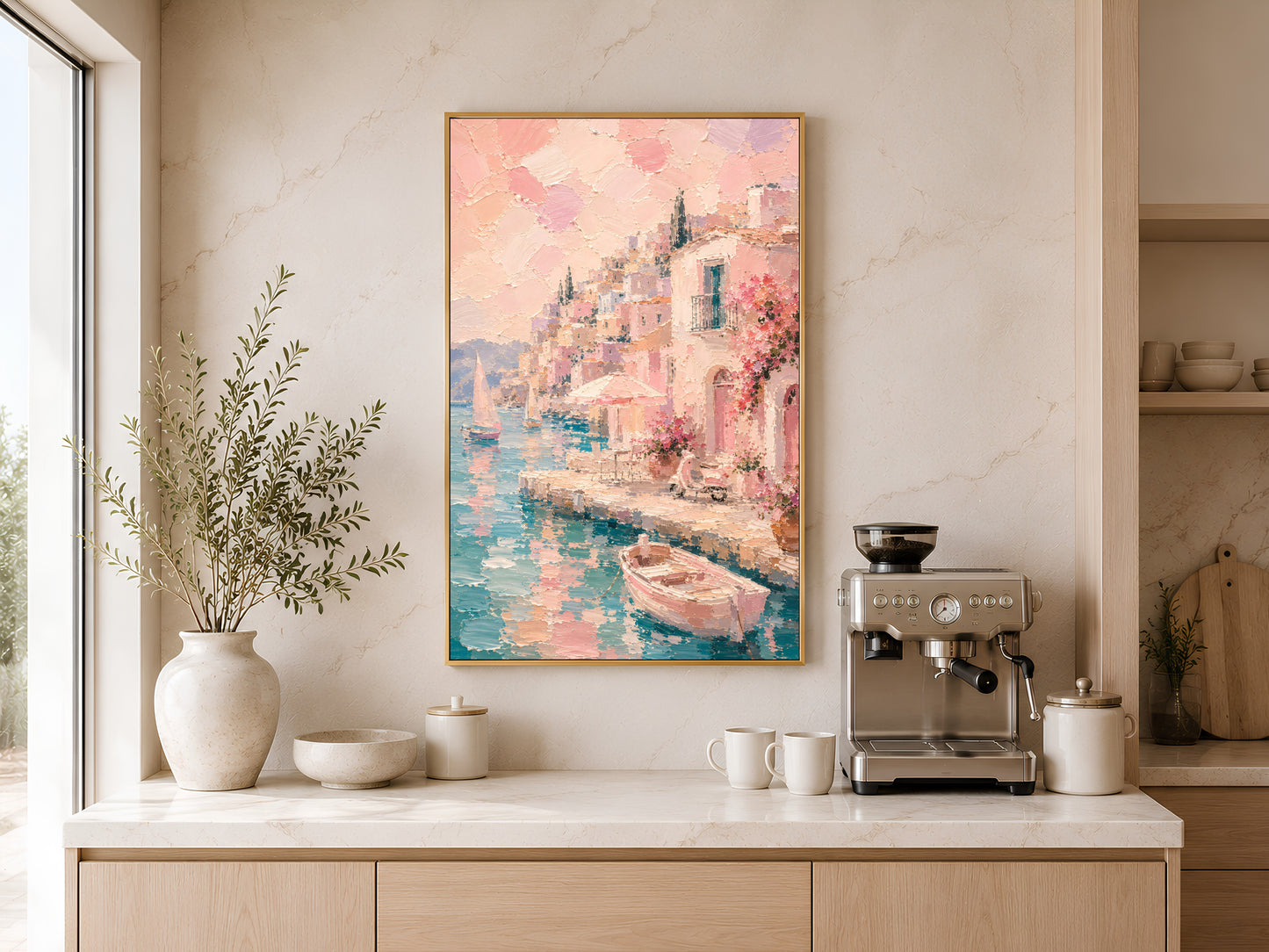 Pink Mediterranean wall art in gold frame above a wooden sideboard with coffee machine in a warm neutral kitchen