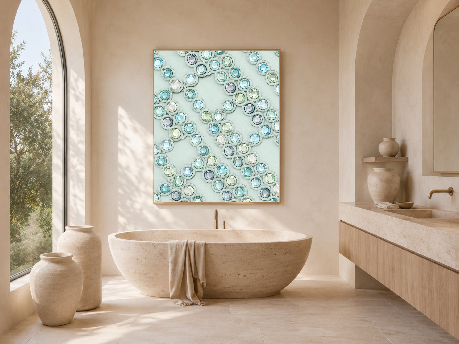 Crystal gemstone wall art framed in a spa-style bathroom with soaking tub and arched window