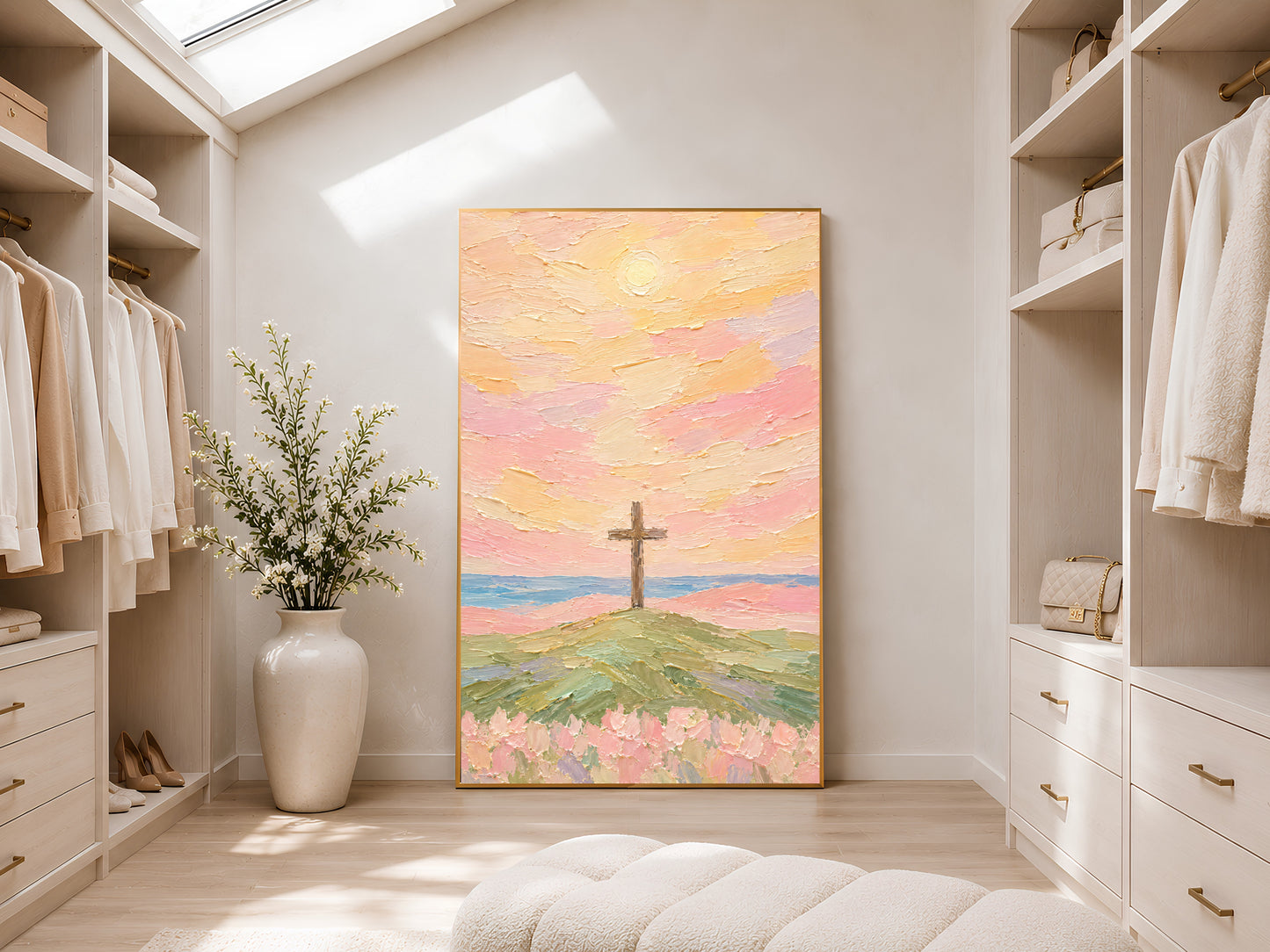 Cross on hill sunset wall art print framed and hanging in a bright walk-in closet with skylight.
