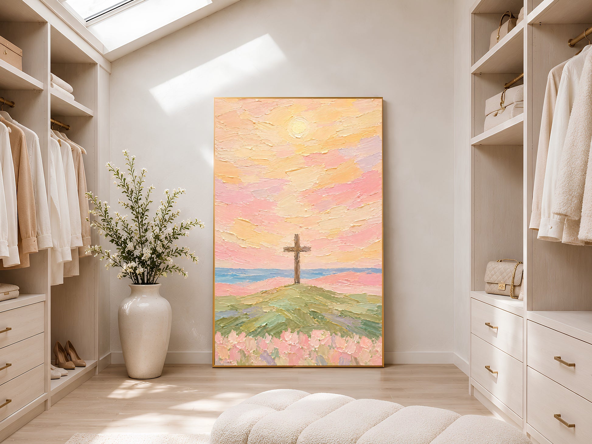 Cross on hill sunset wall art print framed and hanging in a bright walk-in closet with skylight.
