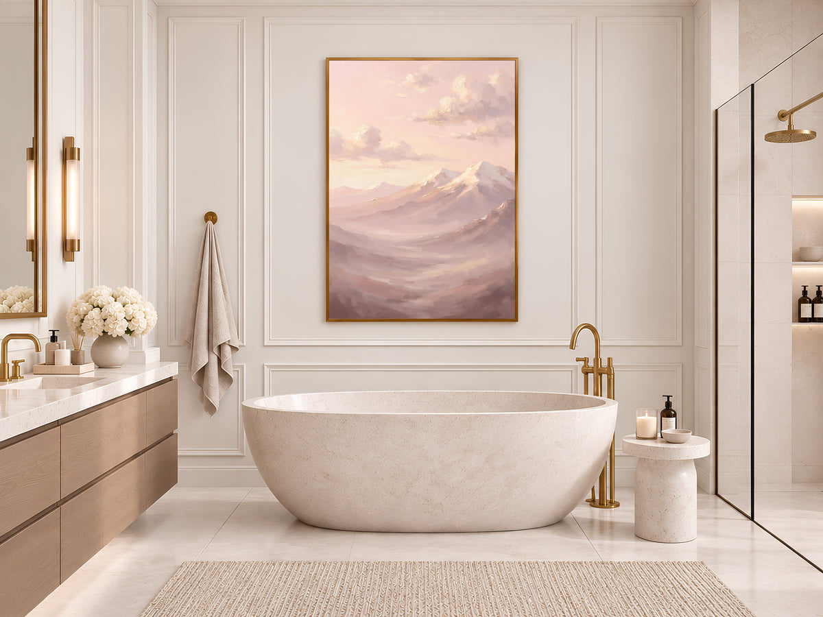Blush Pink Mountain Painting Print, Pastel Landscape Art, Soft Mauve Wall Art, Printable Digital Download