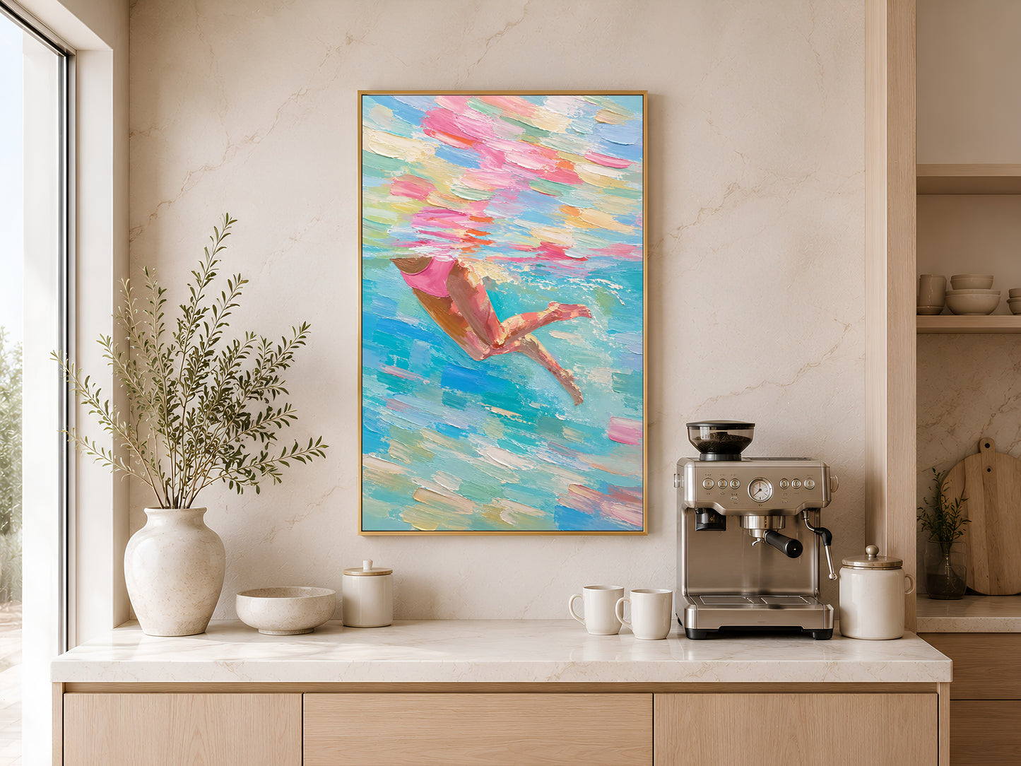 Woman swimmer diving impasto painting in a gold frame displayed above a light wood sideboard in a modern kitchen with neutral tones, neutral vases, and warm natural light
