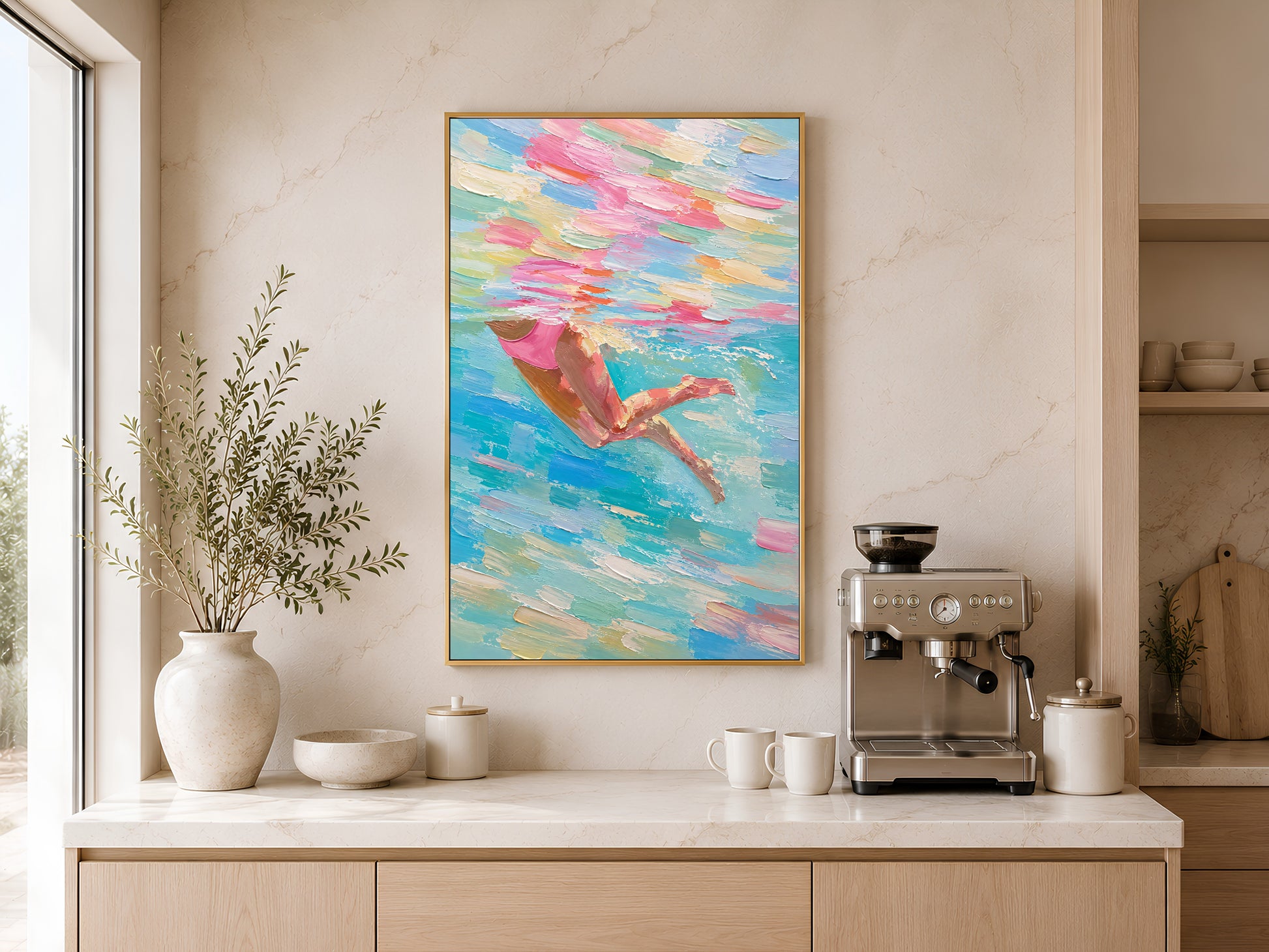Woman swimmer diving impasto painting in a gold frame displayed above a light wood sideboard in a modern kitchen with neutral tones, neutral vases, and warm natural light
