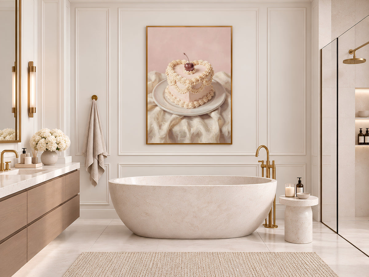 Vintage Heart Cake Painting Print, Pink Cherry Cake Still Life, Coquette Kitchen Art, Digital Download