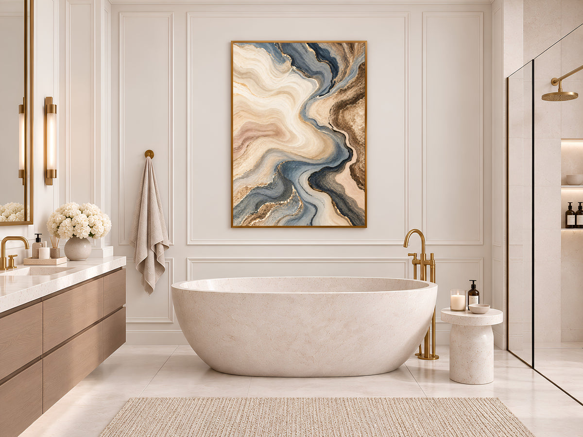 Blue Gray and Beige Abstract Wall Art, Slate Blue and Brown Marble Swirl Print with Gold Veins, Printable Neutral Decor, Digital Download