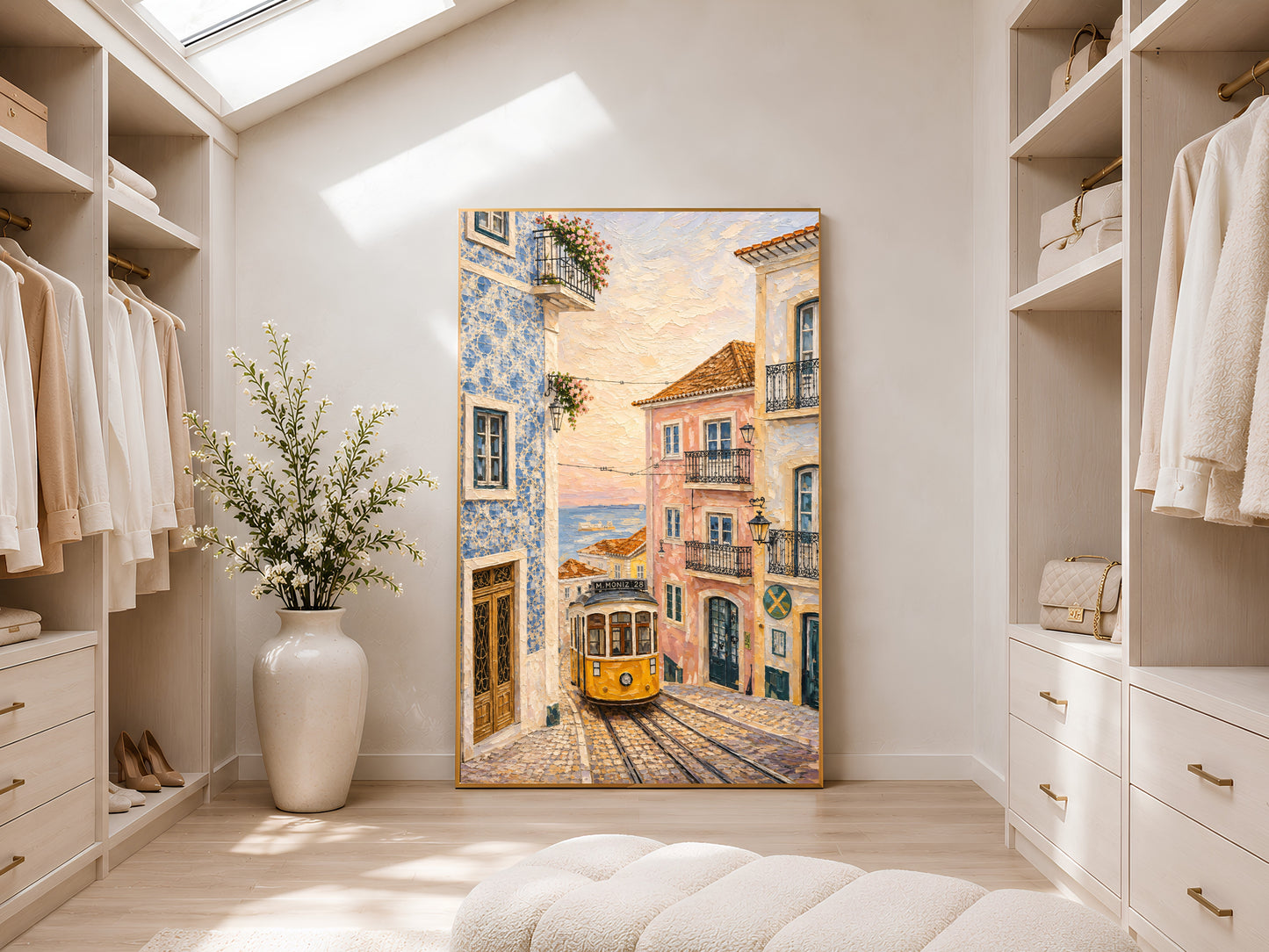 Portugal tram wall art printable displayed in a luxurious neutral walk-in closet with Mediterranean-inspired decor and soft natural light.