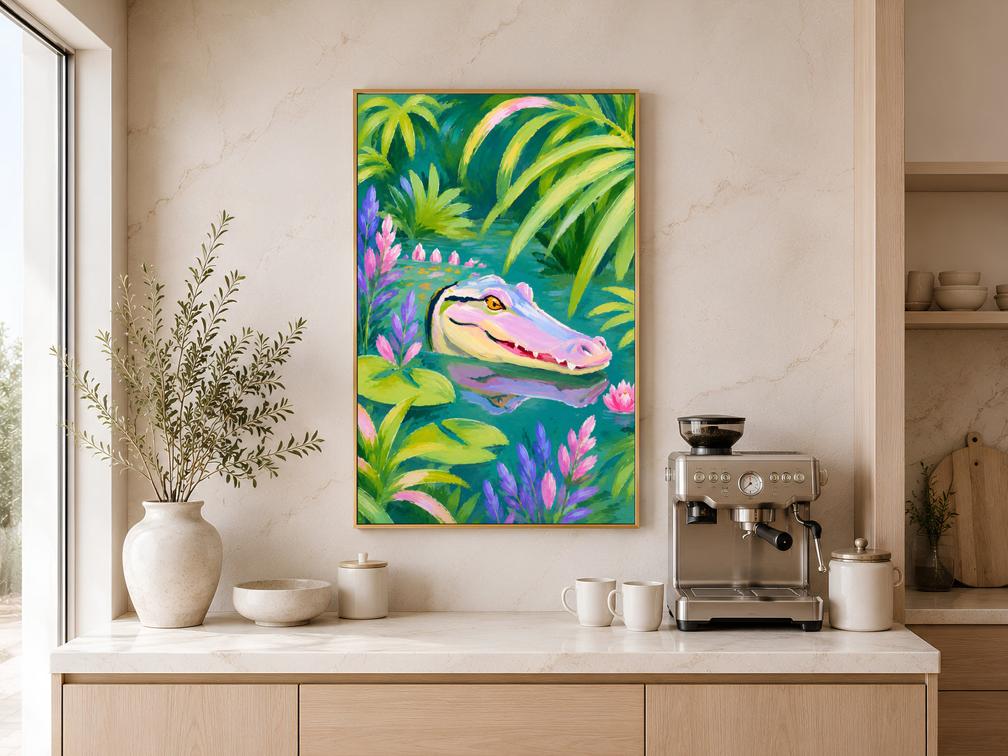 Colorful alligator jungle print in a gold frame displayed in a modern kitchen with light wood cabinetry, pendant lights, and neutral tones
