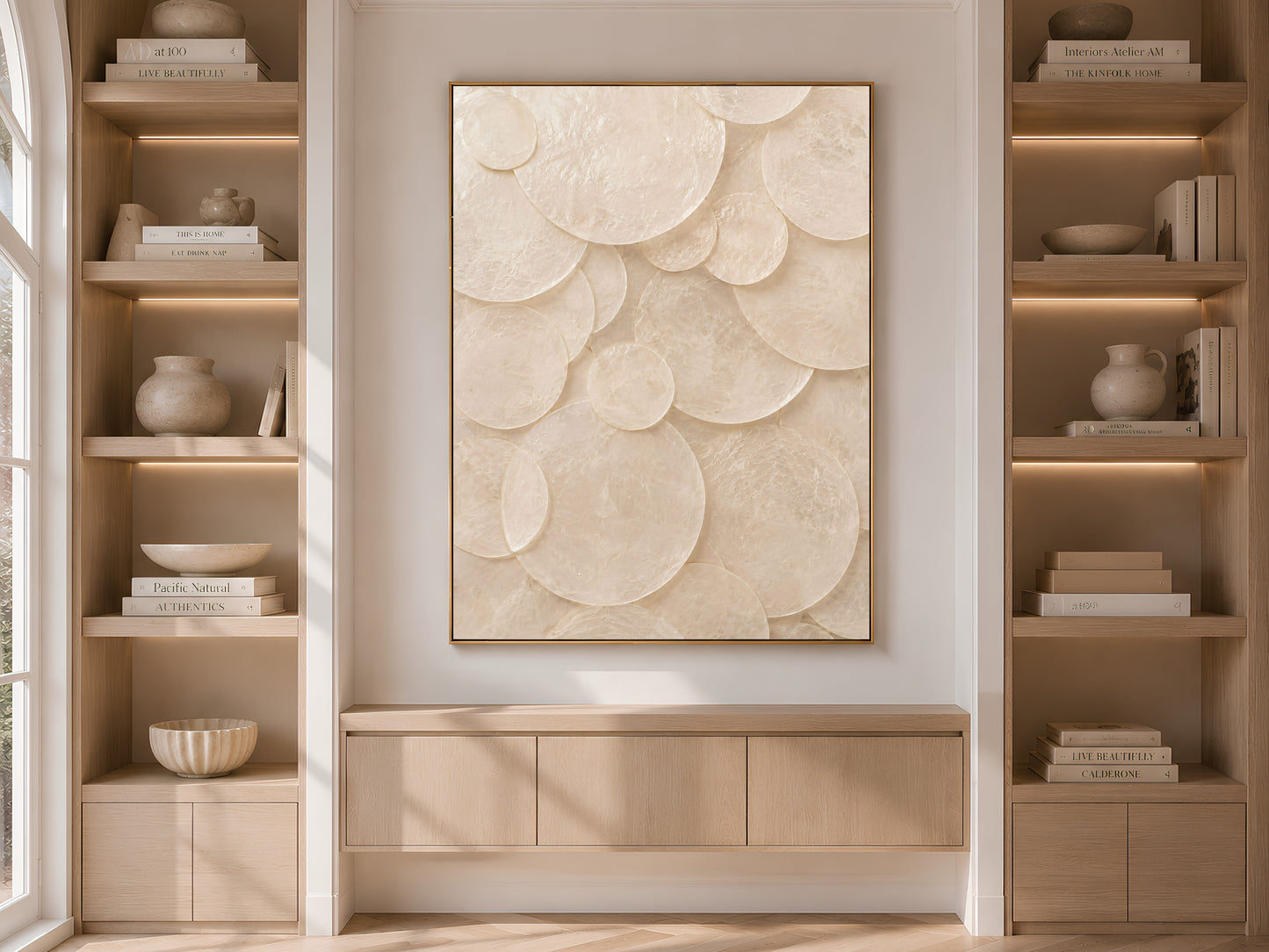 Ivory capiz shell mosaic art framed and displayed on a built-in bookshelf with neutral decor