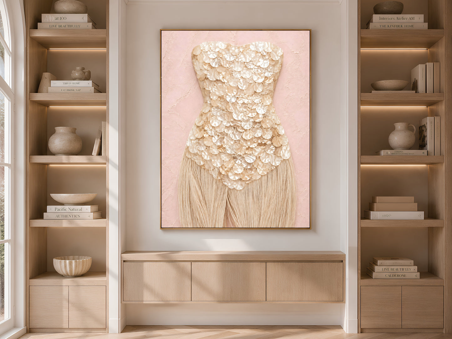 Champagne mother of pearl wall art framed in gold, displayed within light wood built-in shelving.