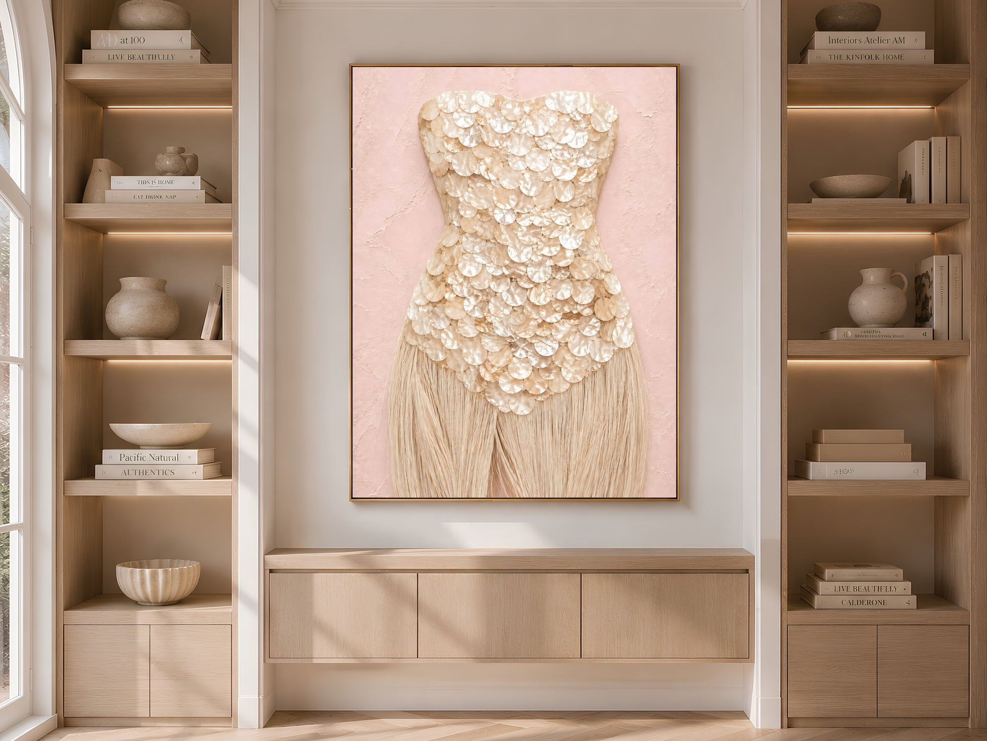 Champagne mother of pearl wall art framed in gold, displayed within light wood built-in shelving.