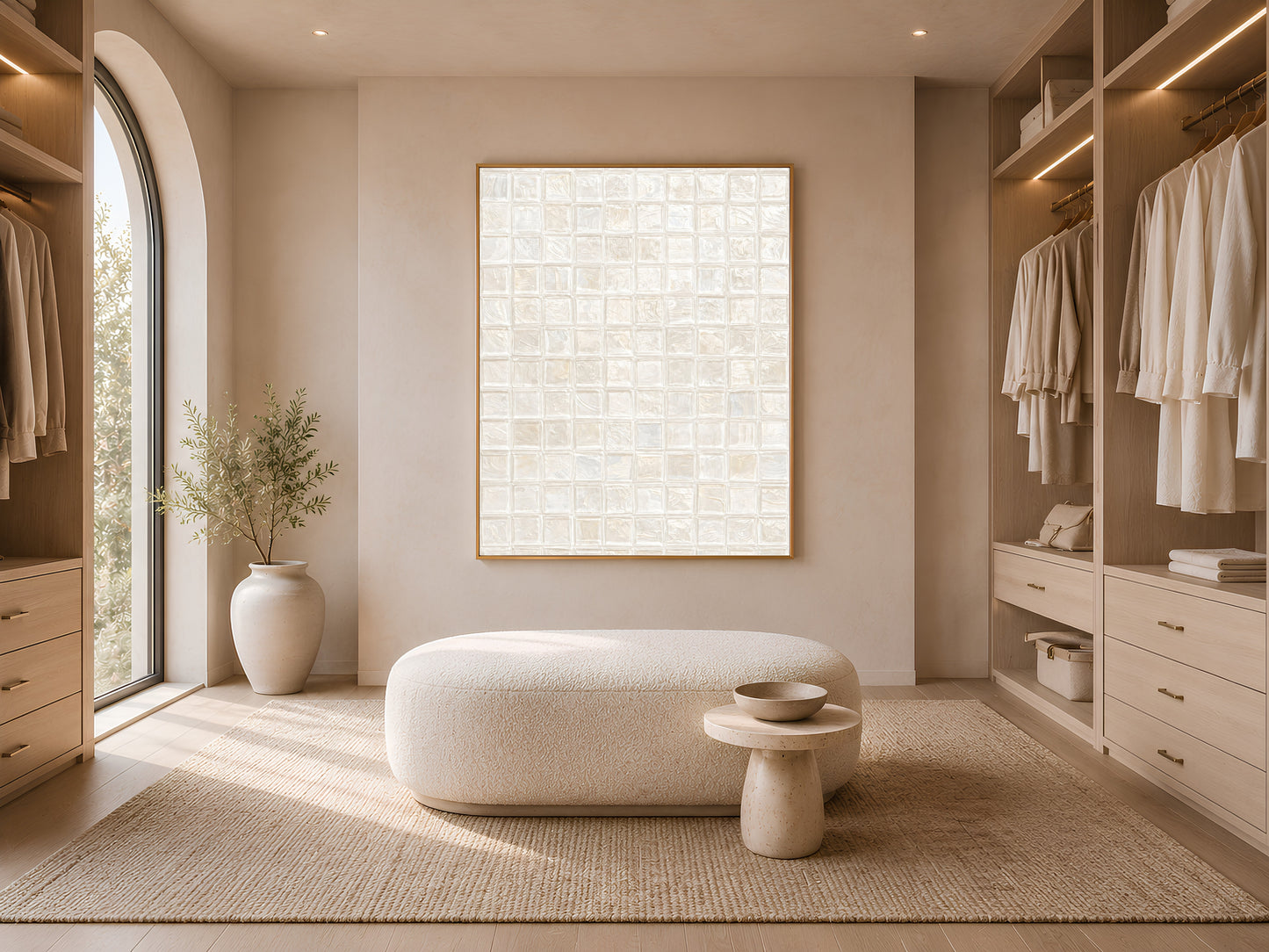 White pearl mosaic tile wall art in a gold frame in a bright walk-in closet with cream shelving, hanging garments, cream boucle ottoman, and warm natural light