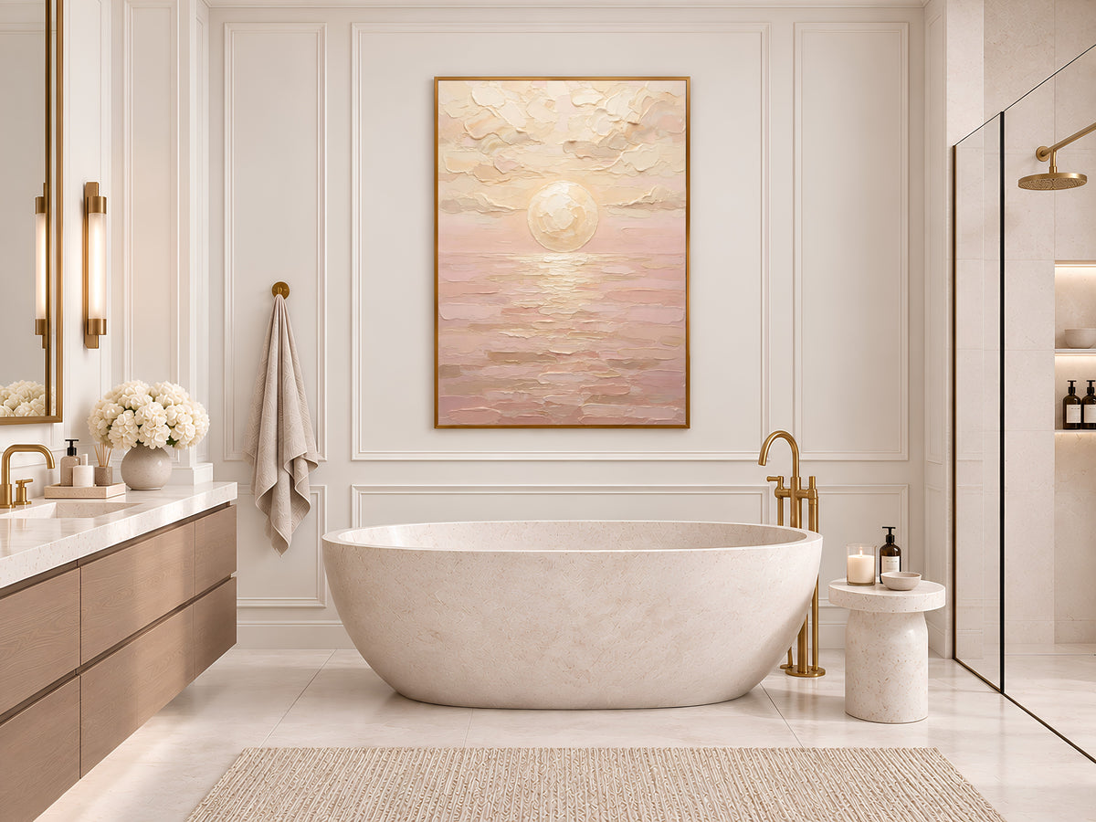 Neutral Blush Sunset Painting Print, Minimalist Cream Seascape, Soft Abstract Sea Wall Art, Printable Digital Download