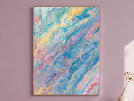 Pastel teal pink lavender abstract swirl impasto wall art in gold frame on mauve wall with dried flower stems
