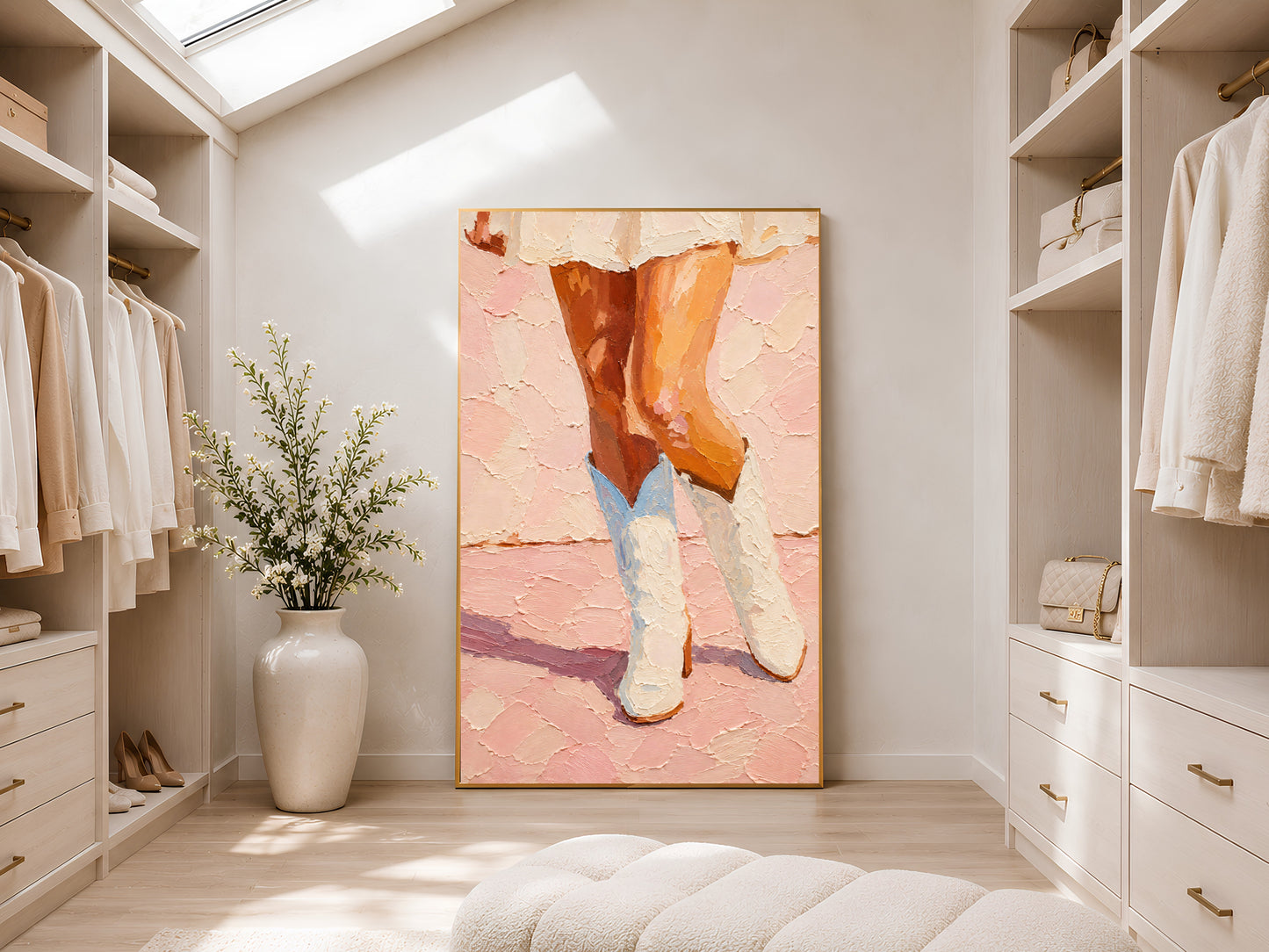 Framed pink cowgirl boots impasto print leaning in a bright walk-in wardrobe with skylight, white cabinetry, and large neutral ceramic floor vase
