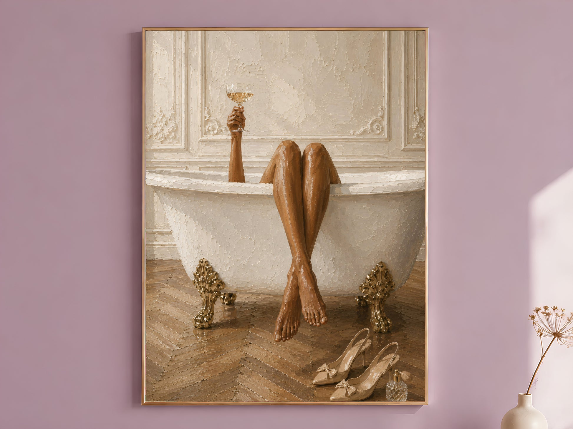 Impasto oil painting wall art print of a woman's bronzed legs draped over an ornate cream clawfoot bathtub with gilded baroque feet on warm herringbone parquet flooring, slingback heels beside the tub, in a gold frame against a dusty mauve wall with a dried floral stem