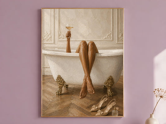 Impasto oil painting wall art print of a woman's bronzed legs draped over an ornate cream clawfoot bathtub with gilded baroque feet on warm herringbone parquet flooring, slingback heels beside the tub, in a gold frame against a dusty mauve wall with a dried floral stem