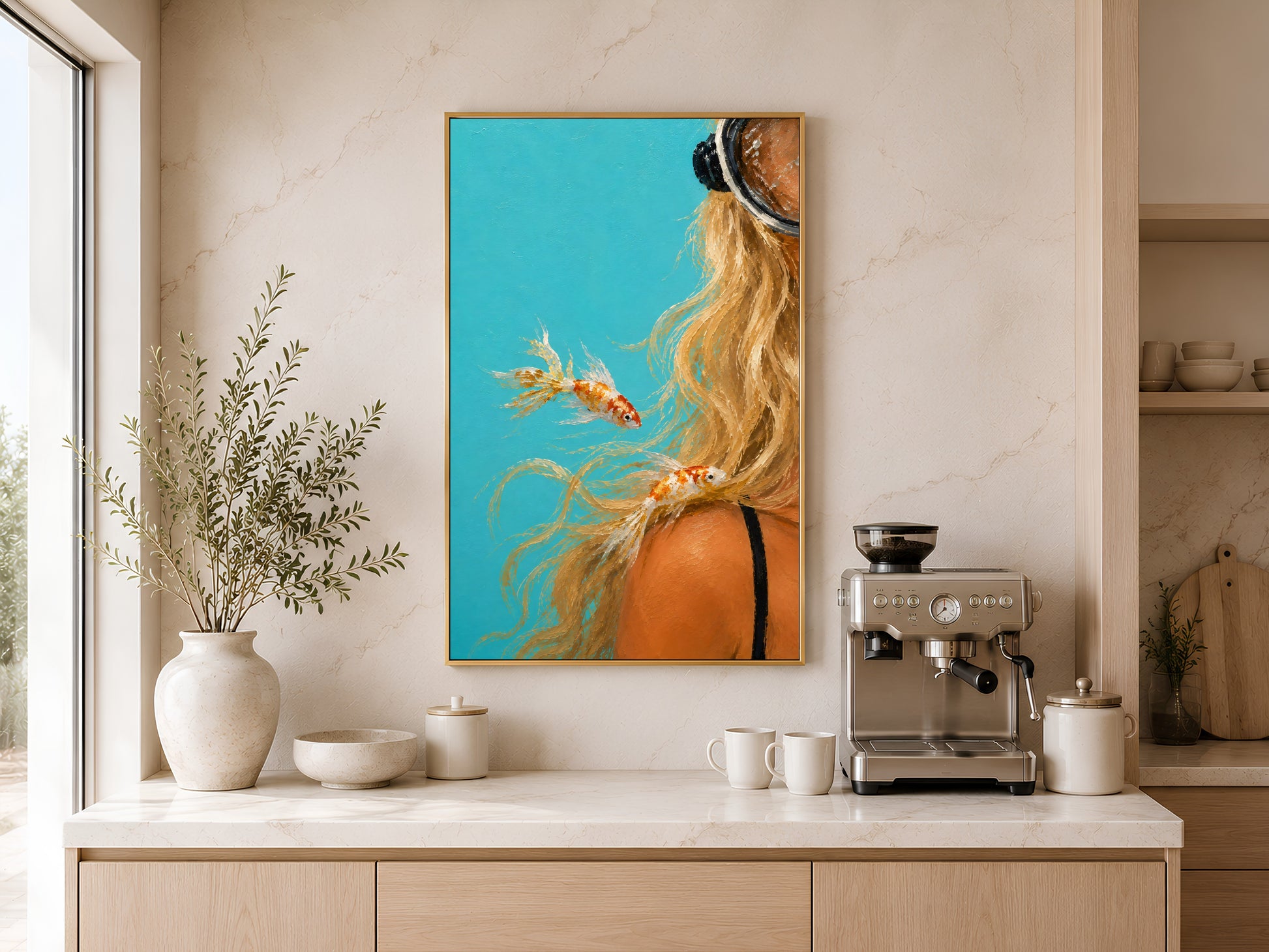 Ocean woman figurative oil painting in gold frame above a wooden sideboard with coffee machine in a warm neutral kitchen