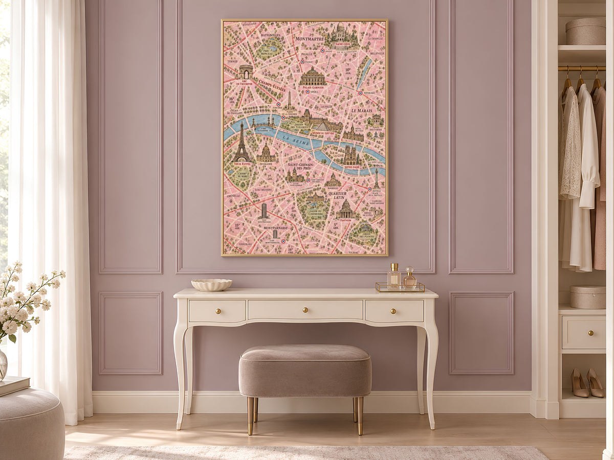 Paris Map Wall Art, Illustrated City Map Print - Digital Download