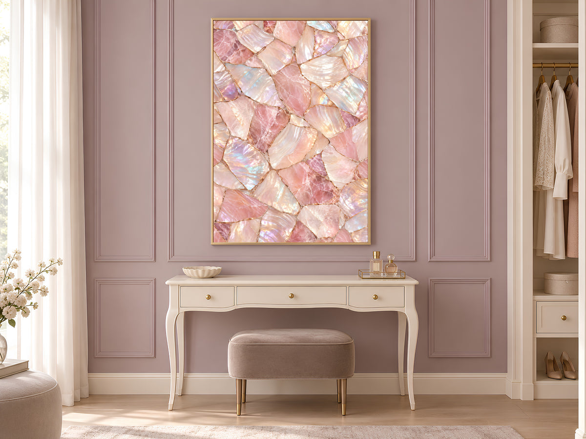 Rose Quartz Wall Art, Pink Mother of Pearl Print, Blush Crystal Mosaic, Glam Bedroom Decor, Feminine Iridescent Poster, Instant Download