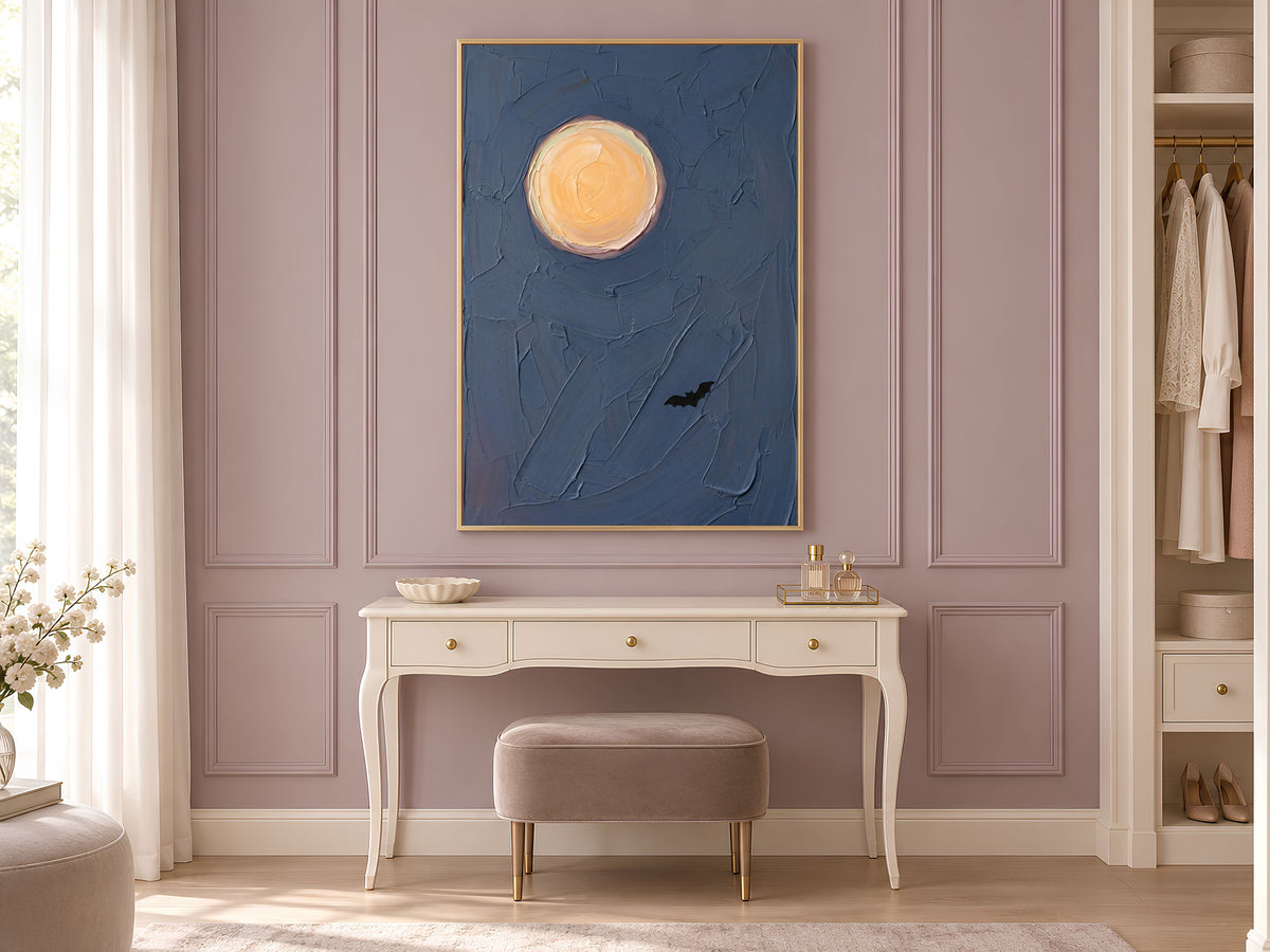 Moon and Bat Wall Art, Impasto Oil Painting Print - Digital Download