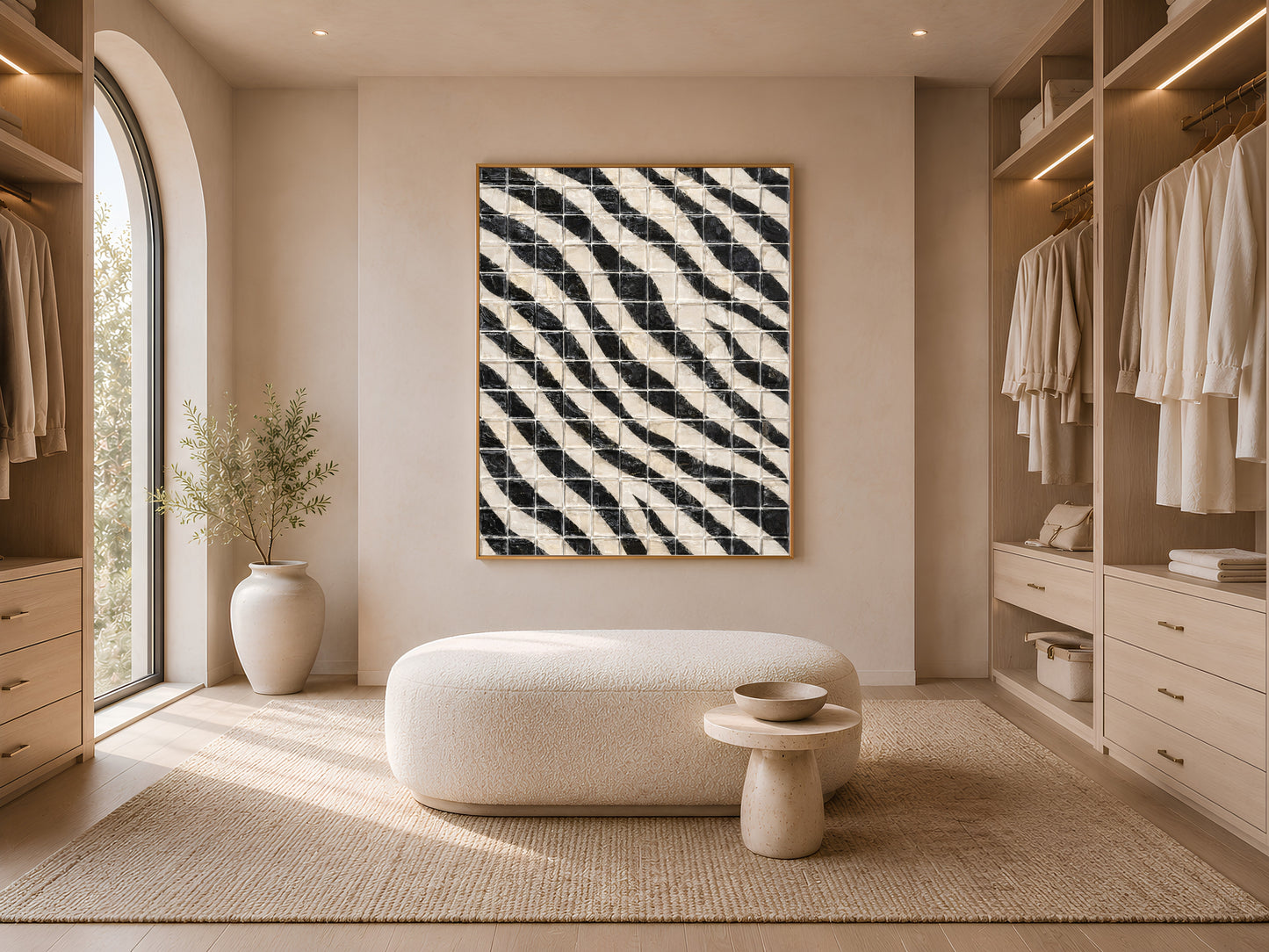 Black and white diagonal stripe mosaic tile wall art in a gold frame in a bright walk-in closet with cream shelving, hanging garments, and a round boucle ottoman
