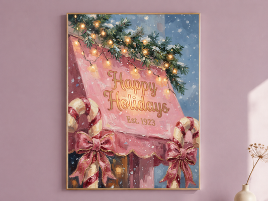 Pink Christmas Wall Art, Vintage Happy Holidays Sign Print - Digital Download
