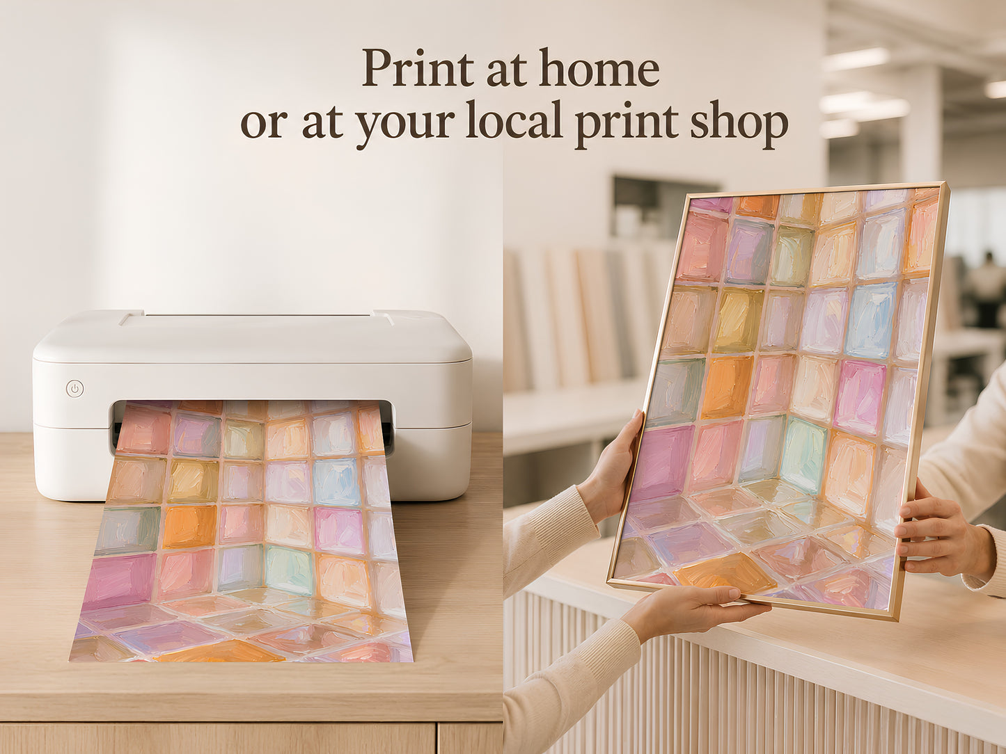 Hands holding printed rainbow pastel mosaic tile art coming out of home printer with print at home text overlay
