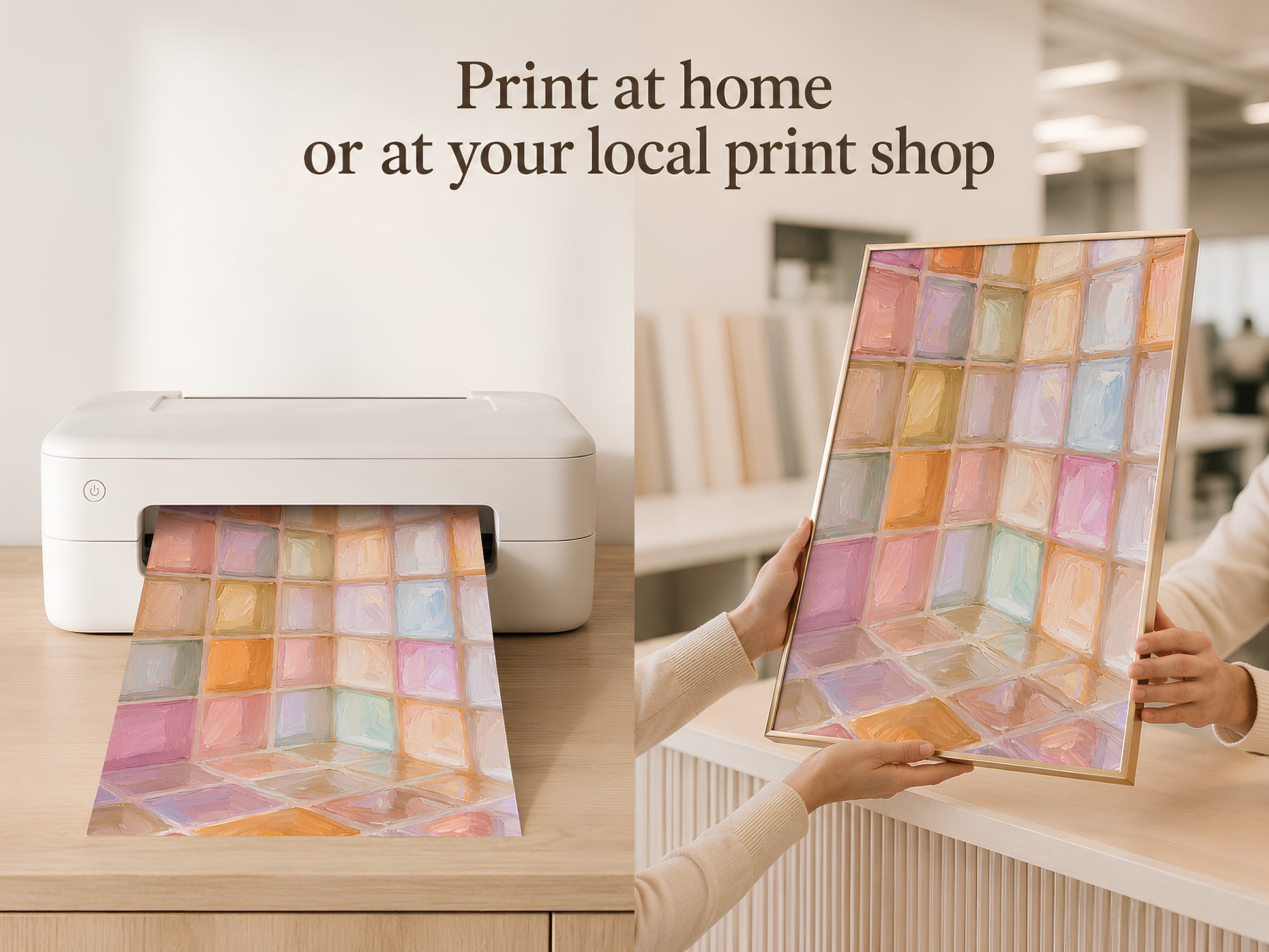 Hands holding printed rainbow pastel mosaic tile art coming out of home printer with print at home text overlay
