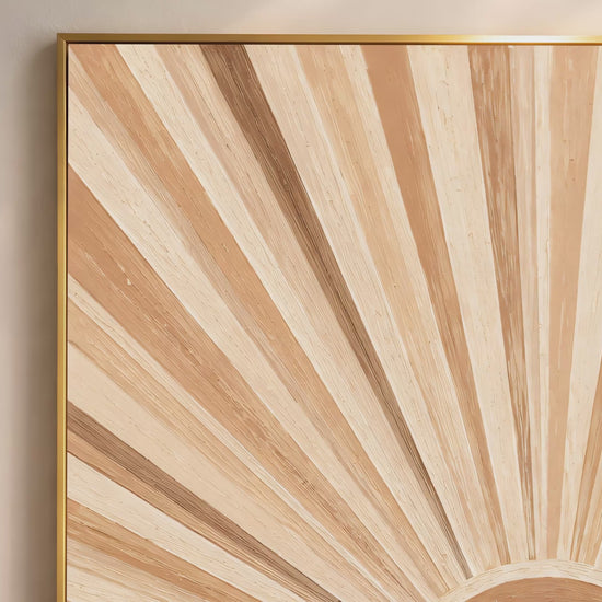 Video thumbnail close-up of impasto sunburst painting showing radiating camel and cream wood-grain texture detail
